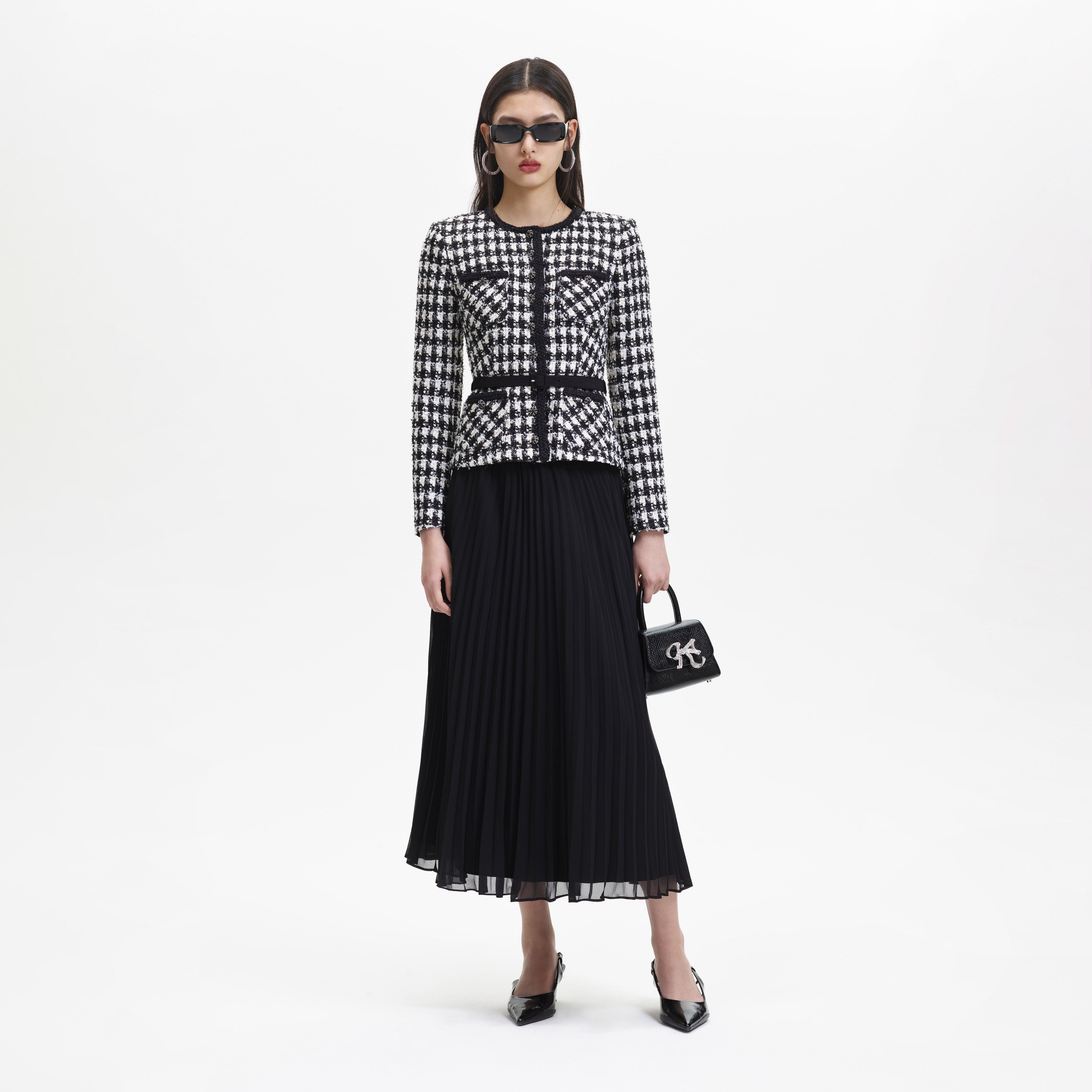 Black Check Boucle Chiffon Midi Dress