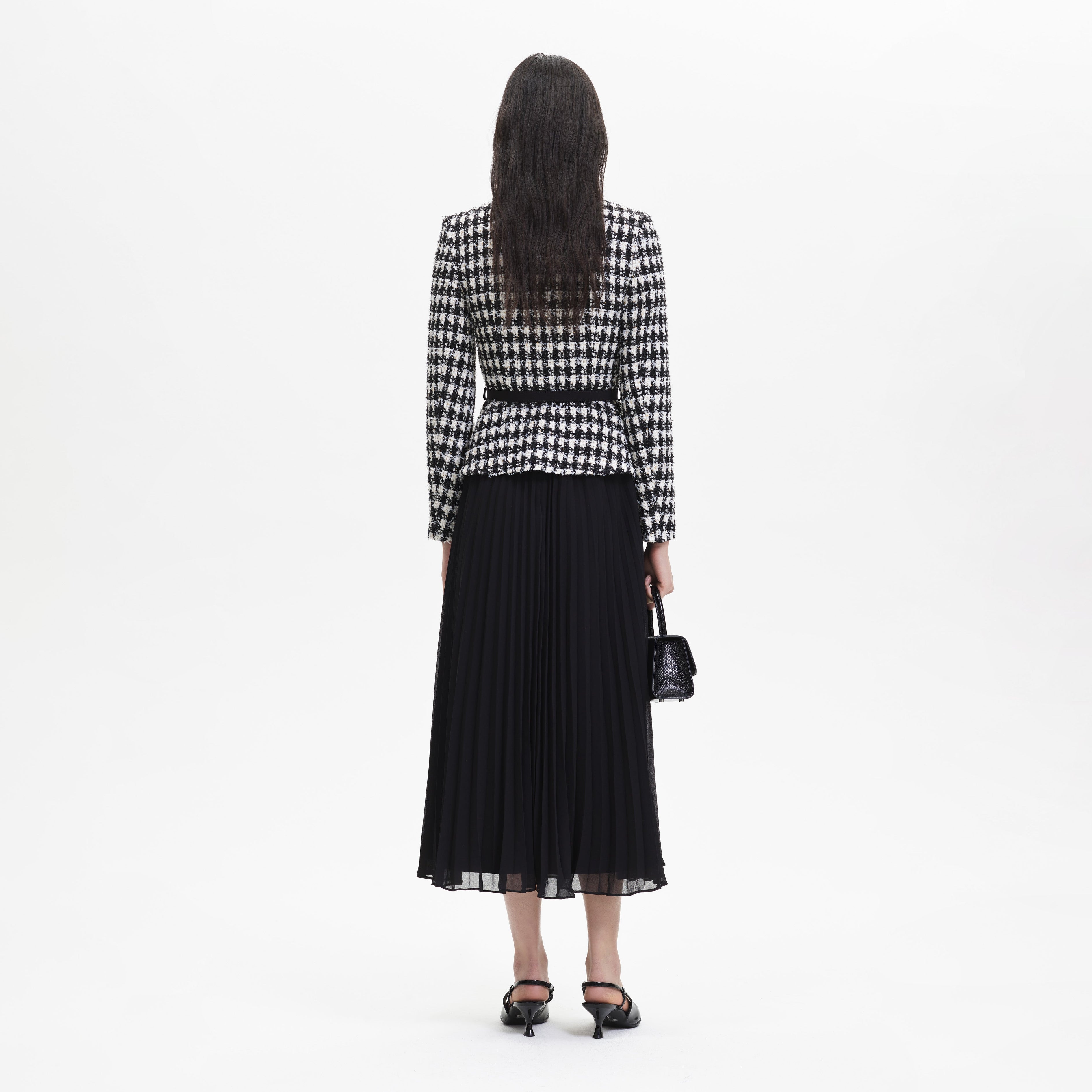 Black Check Boucle Chiffon Midi Dress