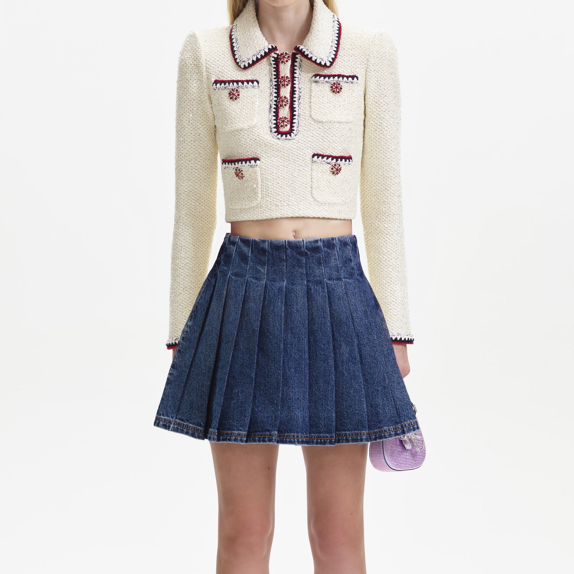 Cream Sequin Knit Top With Collar