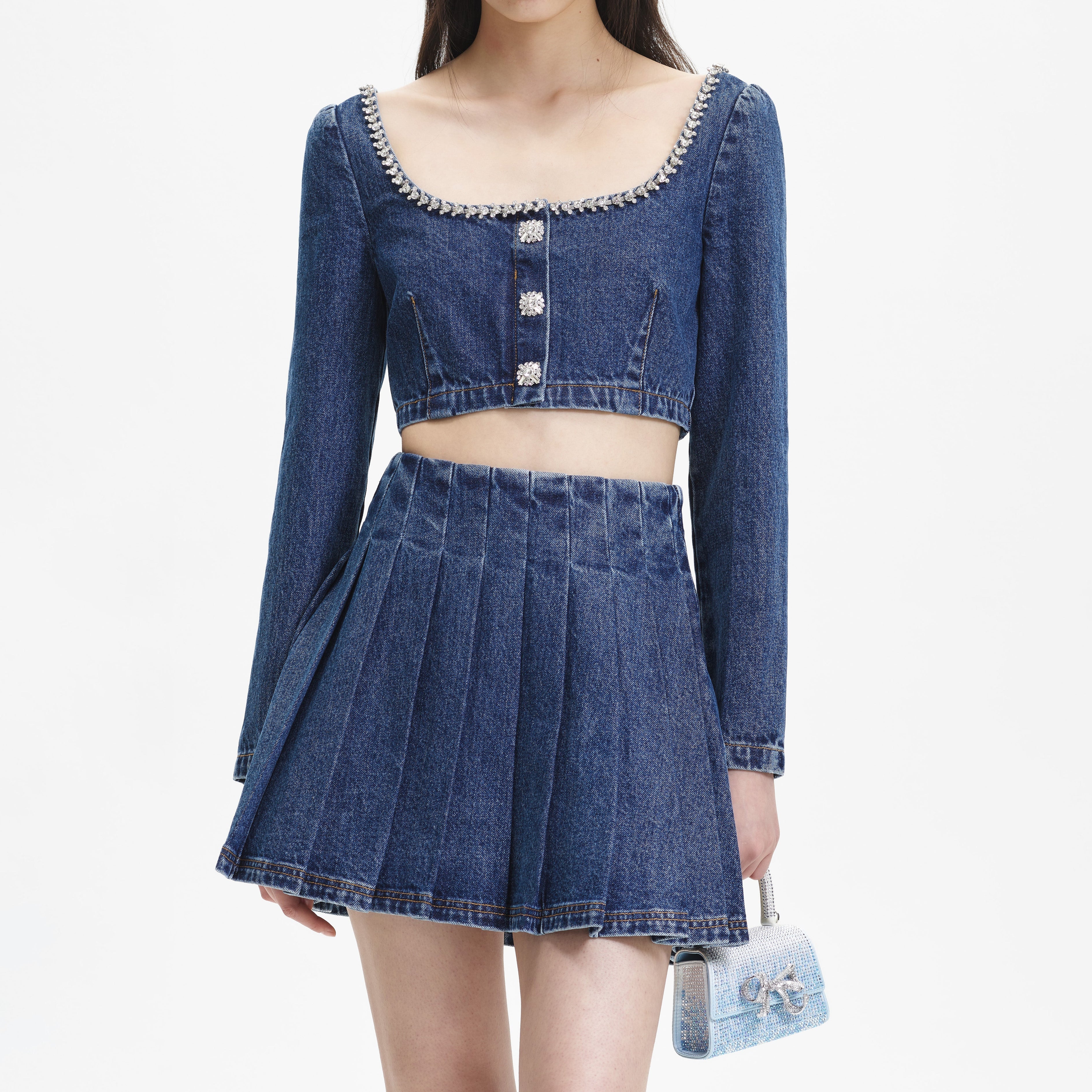 Pleated Denim Mini Skirt