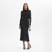 Black Rhinestone Mesh Long Sleeve Midi Dress