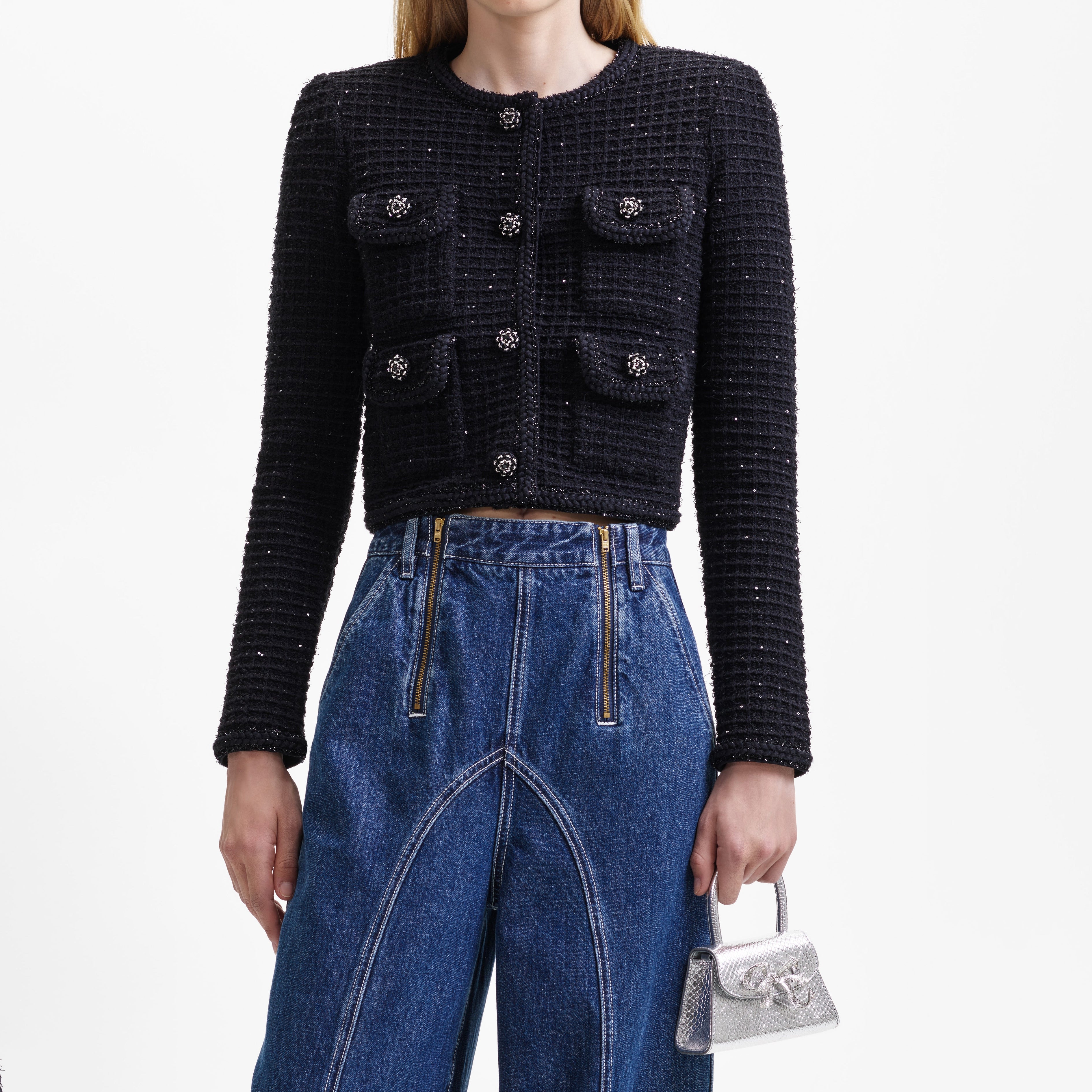 Black Sequin Textured Round Neck Knit Jacket