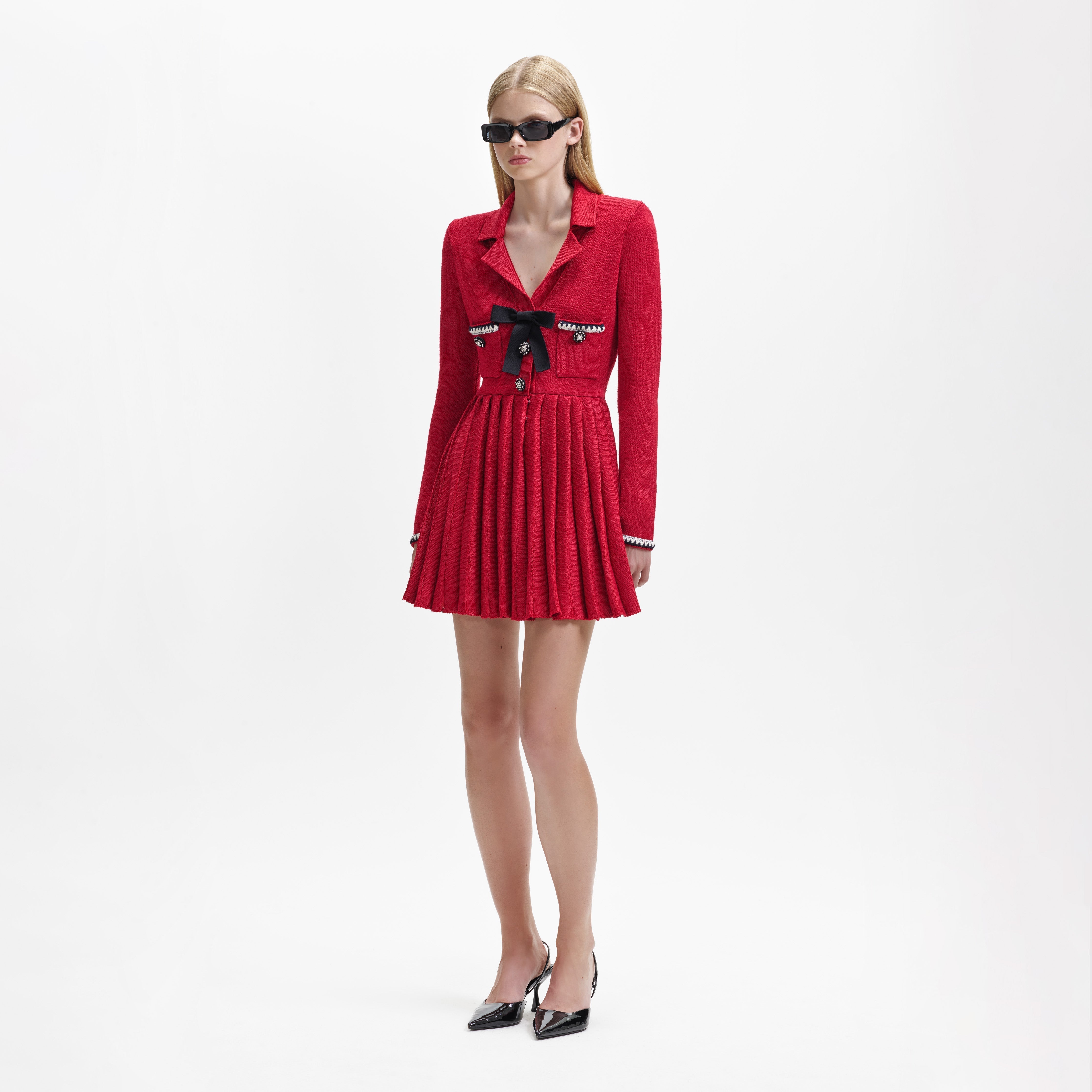 Red Knit Bow Mini Dress – self-portrait-US