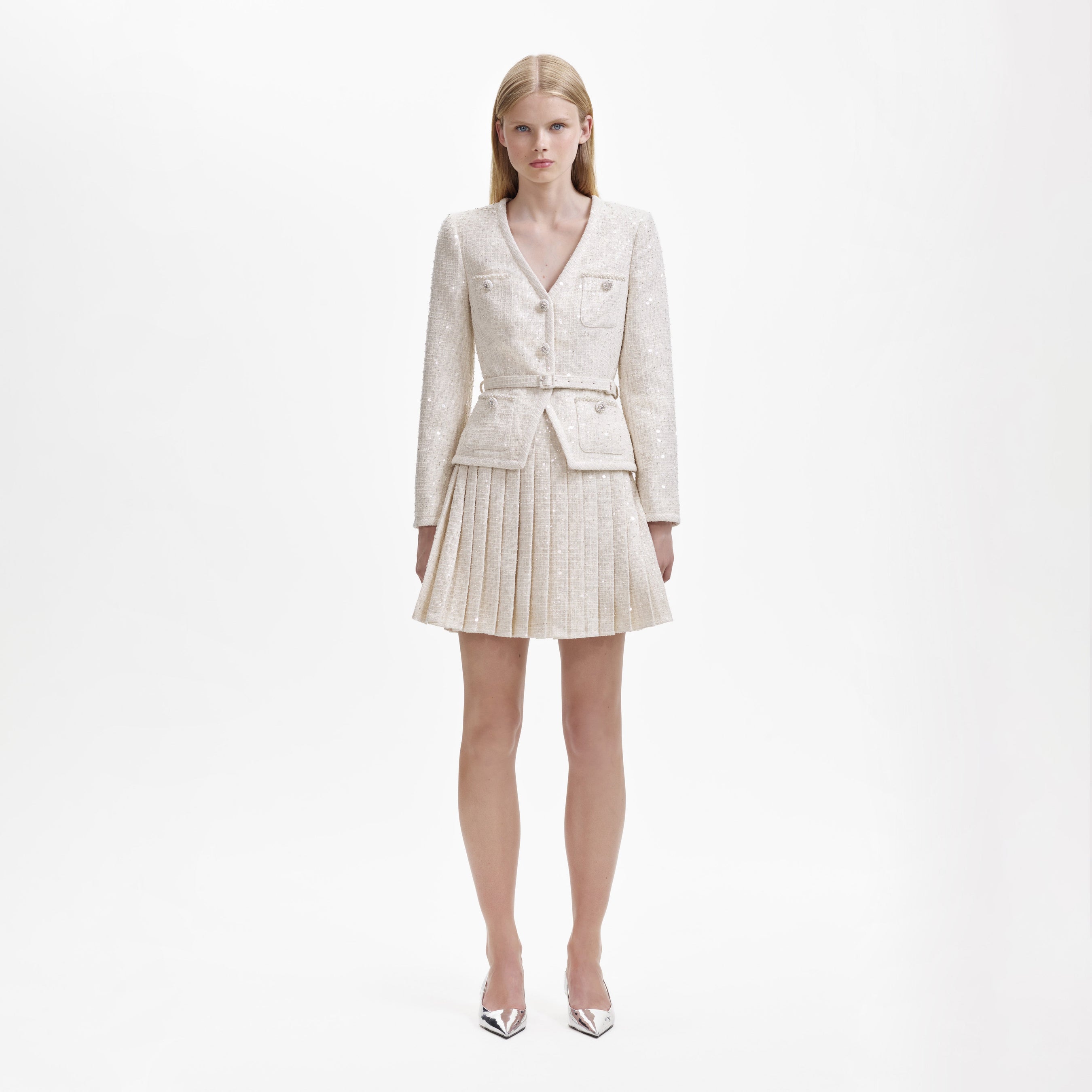 Ivory Sequin Boucle Mini Jacket Dress