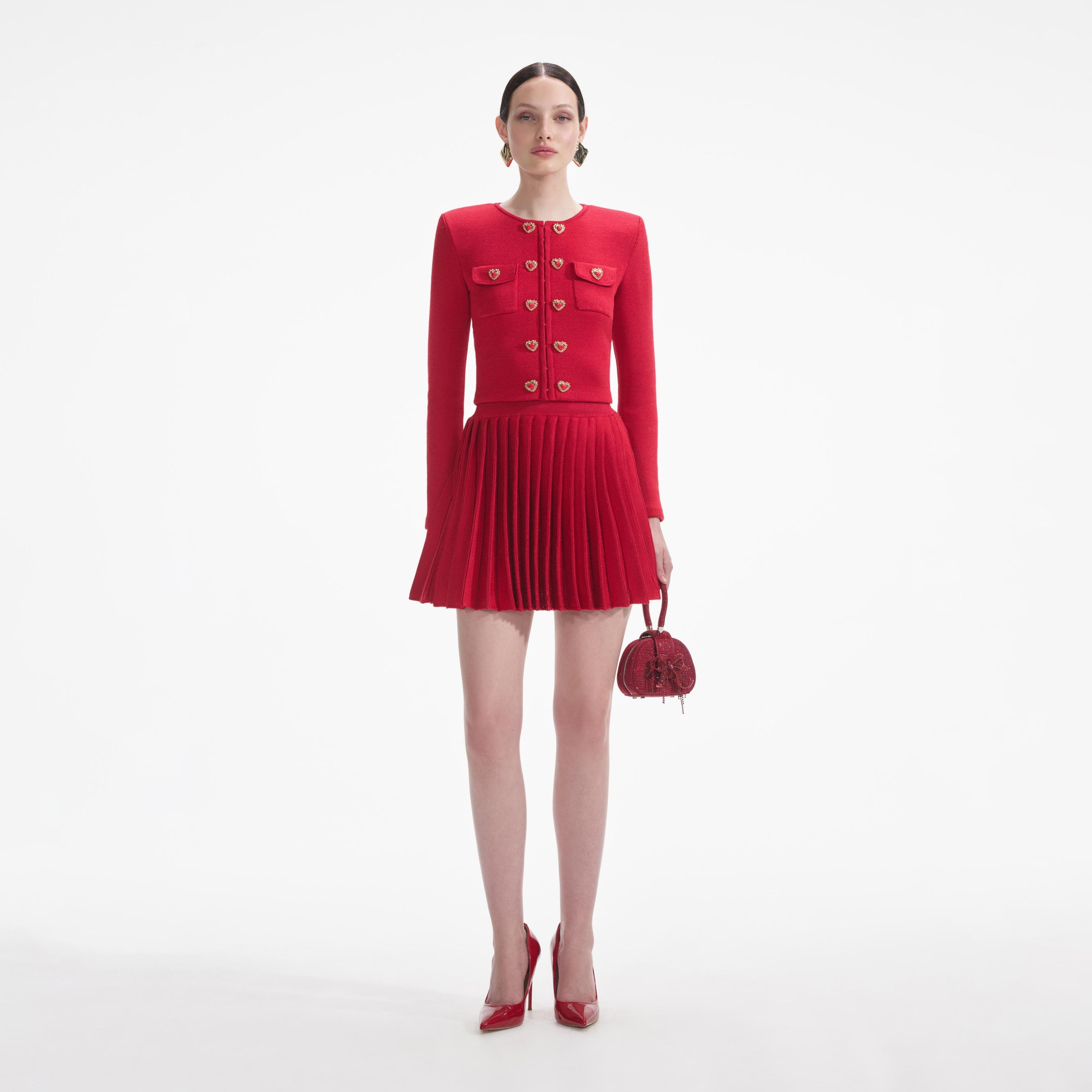 Red Pleated Knit Mini Skirt