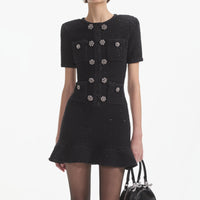 Black Knit Buttoned Mini Dress