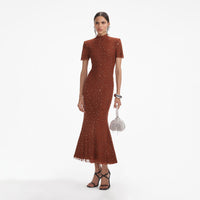 Brown Square Rhinestone Mesh Midi Dress