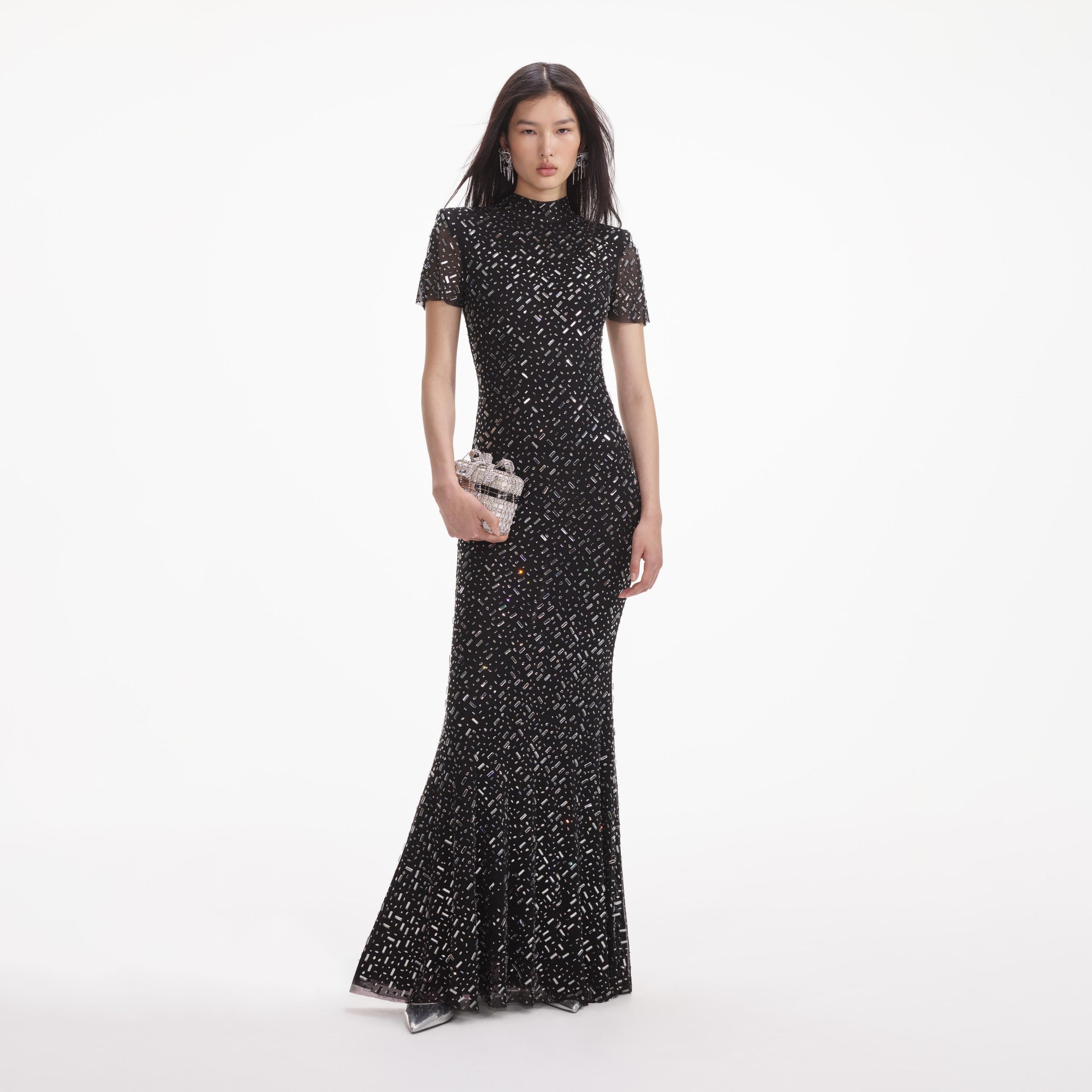 Black Square Rhinestone Mesh Maxi Dress