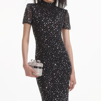 Black Square Rhinestone Mesh Maxi Dress