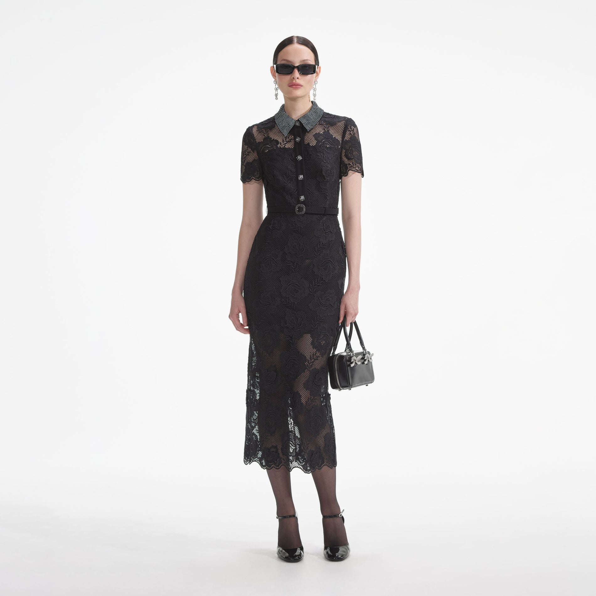 Black Lace Diamante Midi Dress
