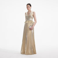 Gold Metallic V-Neck Maxi Dress