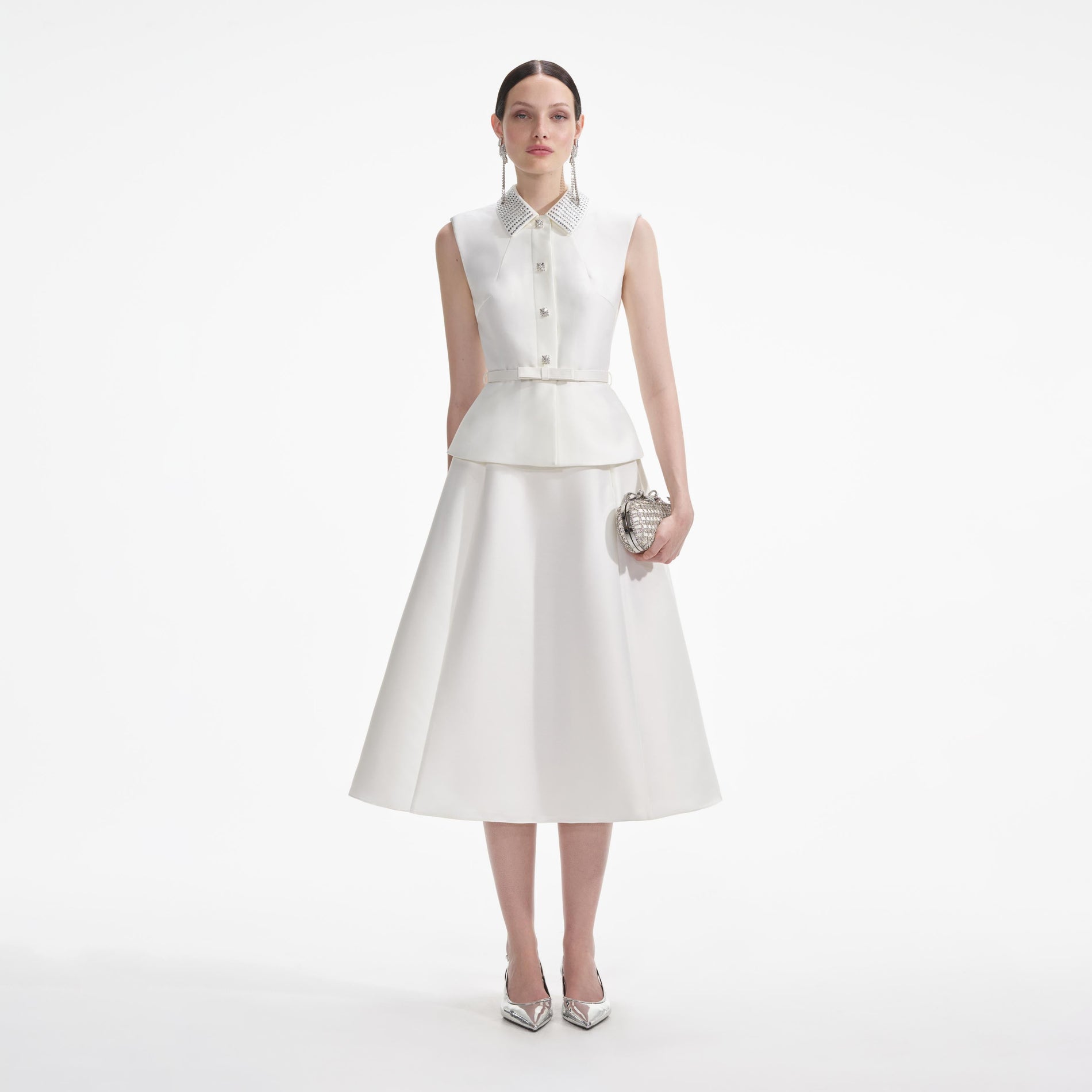 Front view of a woman wearing the Cream Taffeta Diamante Midi Dress