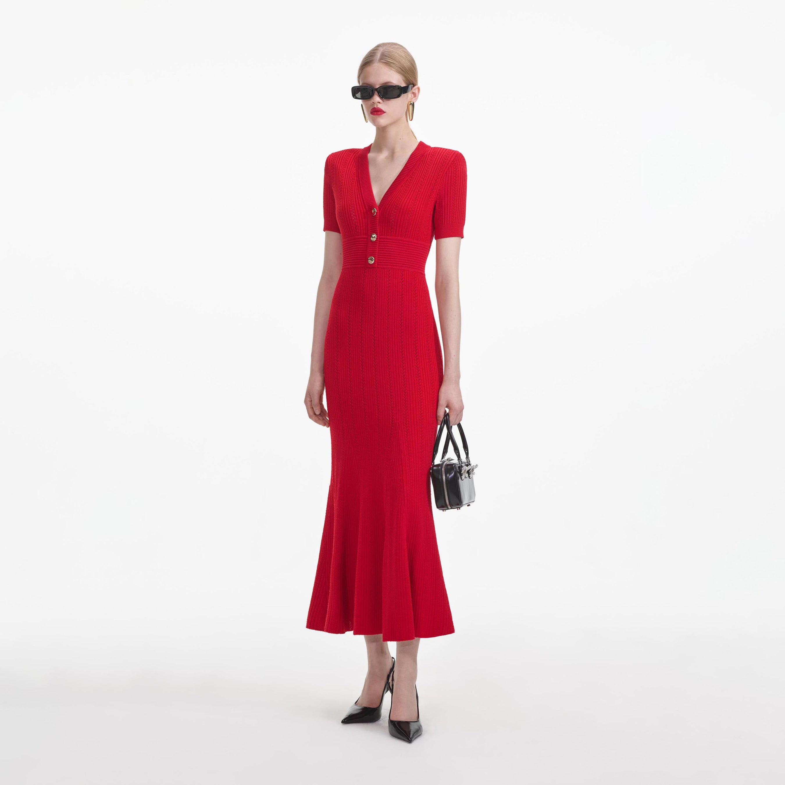 Red Pointelle Knit Midi Dress