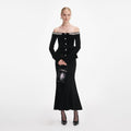 Black Chenille Knit Crystal Trim Midi Dress