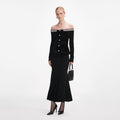 Black Chenille Knit Crystal Trim Midi Dress