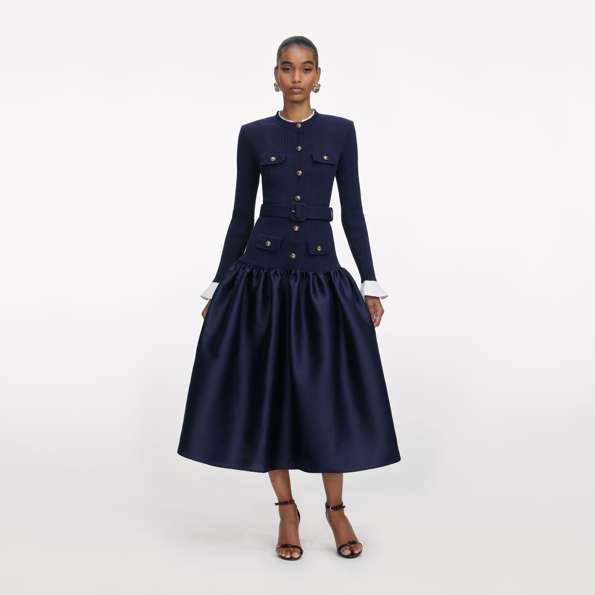 Front view of a woman wearing the Navy Knit Taffeta Midi Dress