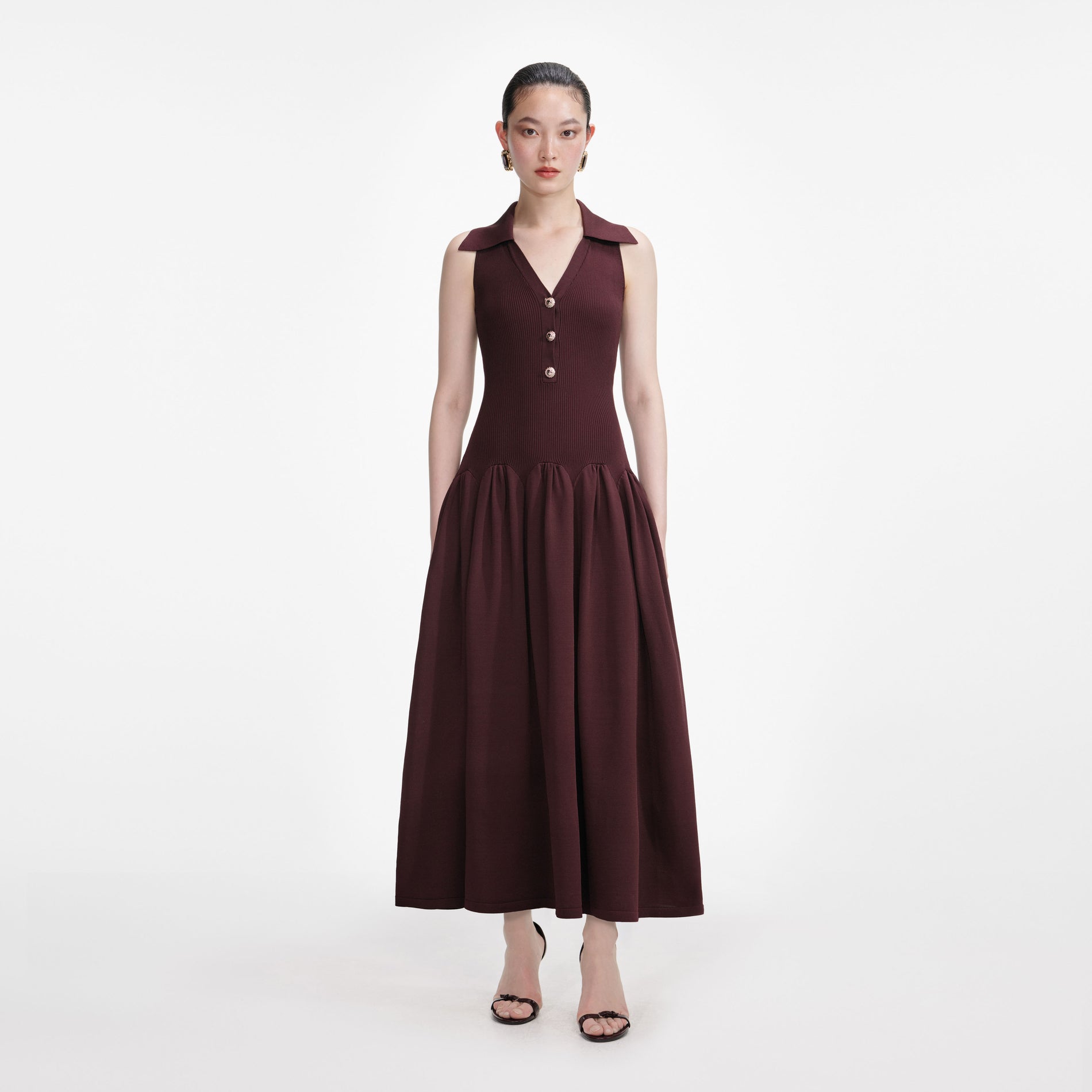 Brown Ribbed Knit Midi Dress