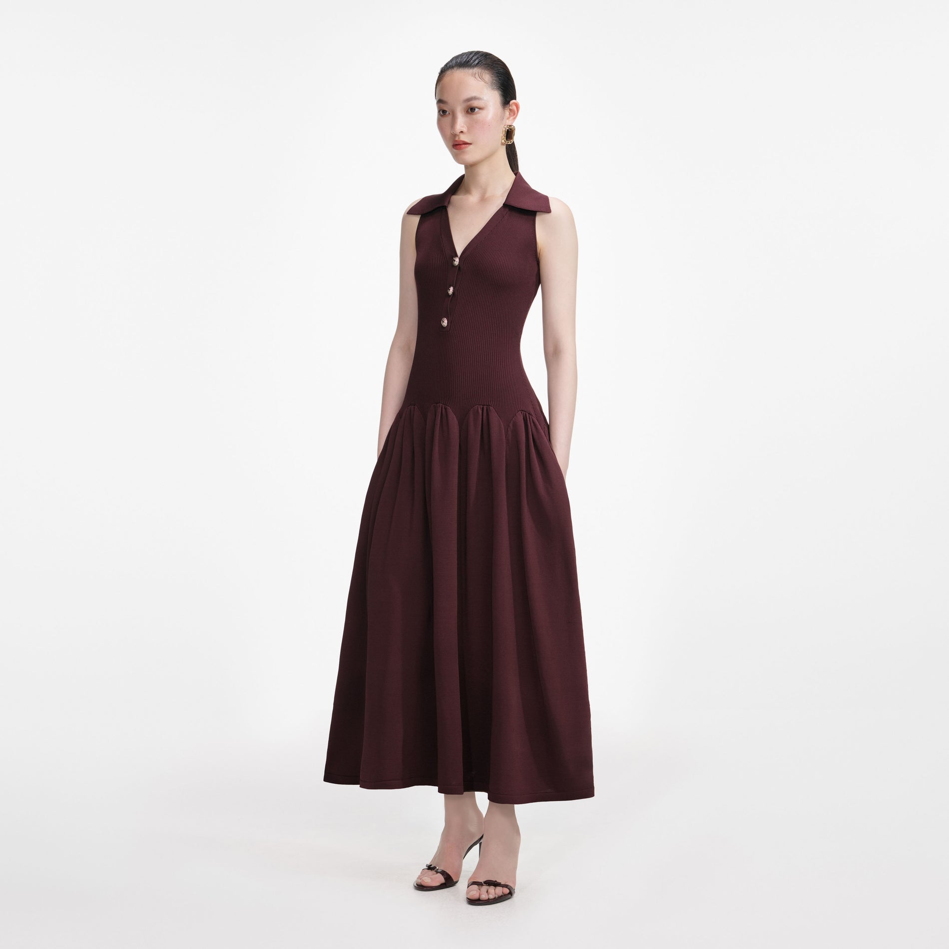 Brown Ribbed Knit Midi Dress