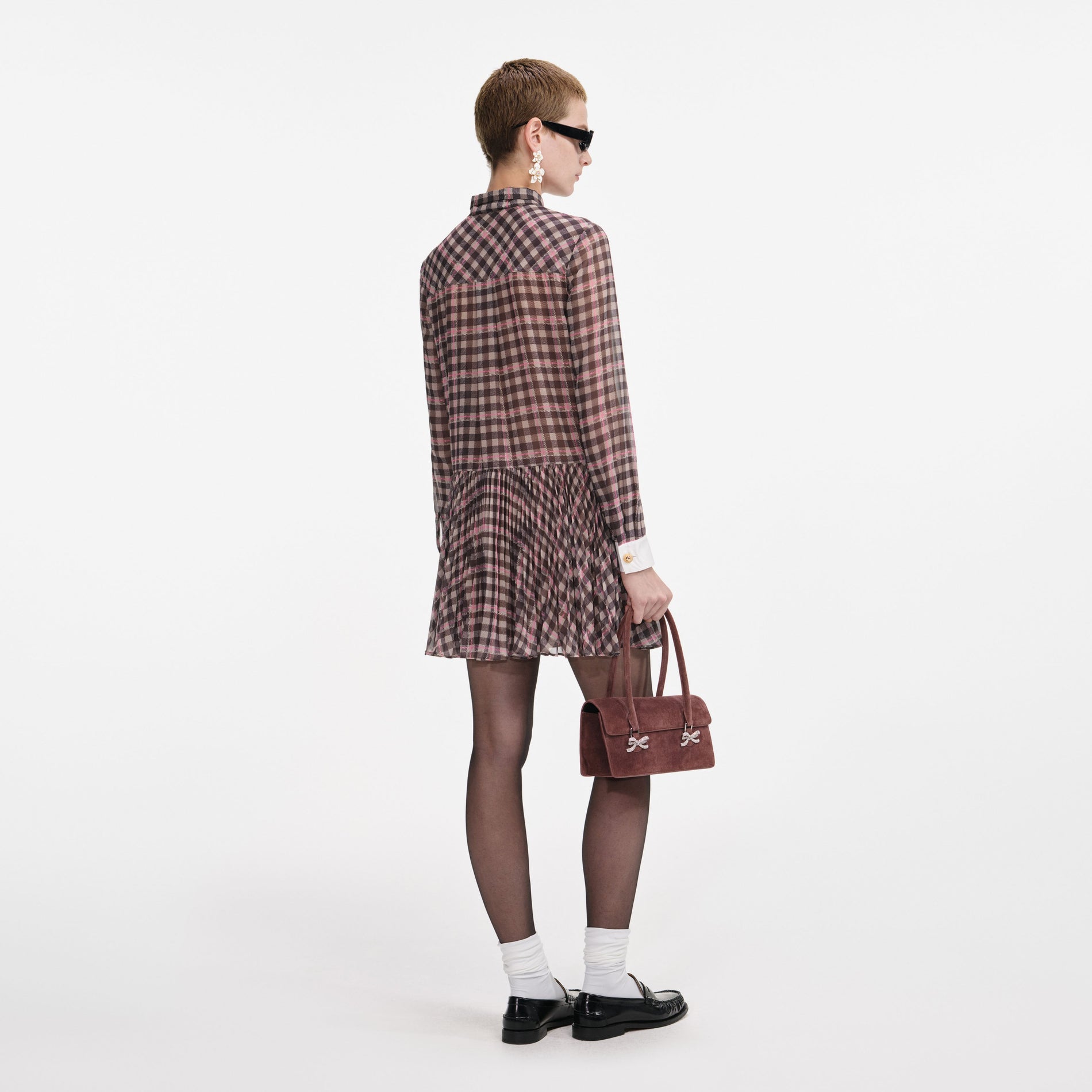 Back view of a woman wearing the Brown Check Chiffon Mini Dress