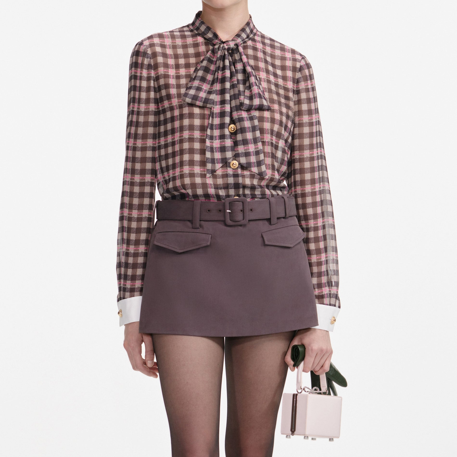 A close up of a woman wearing the Brown Cotton Belted Midi Dress