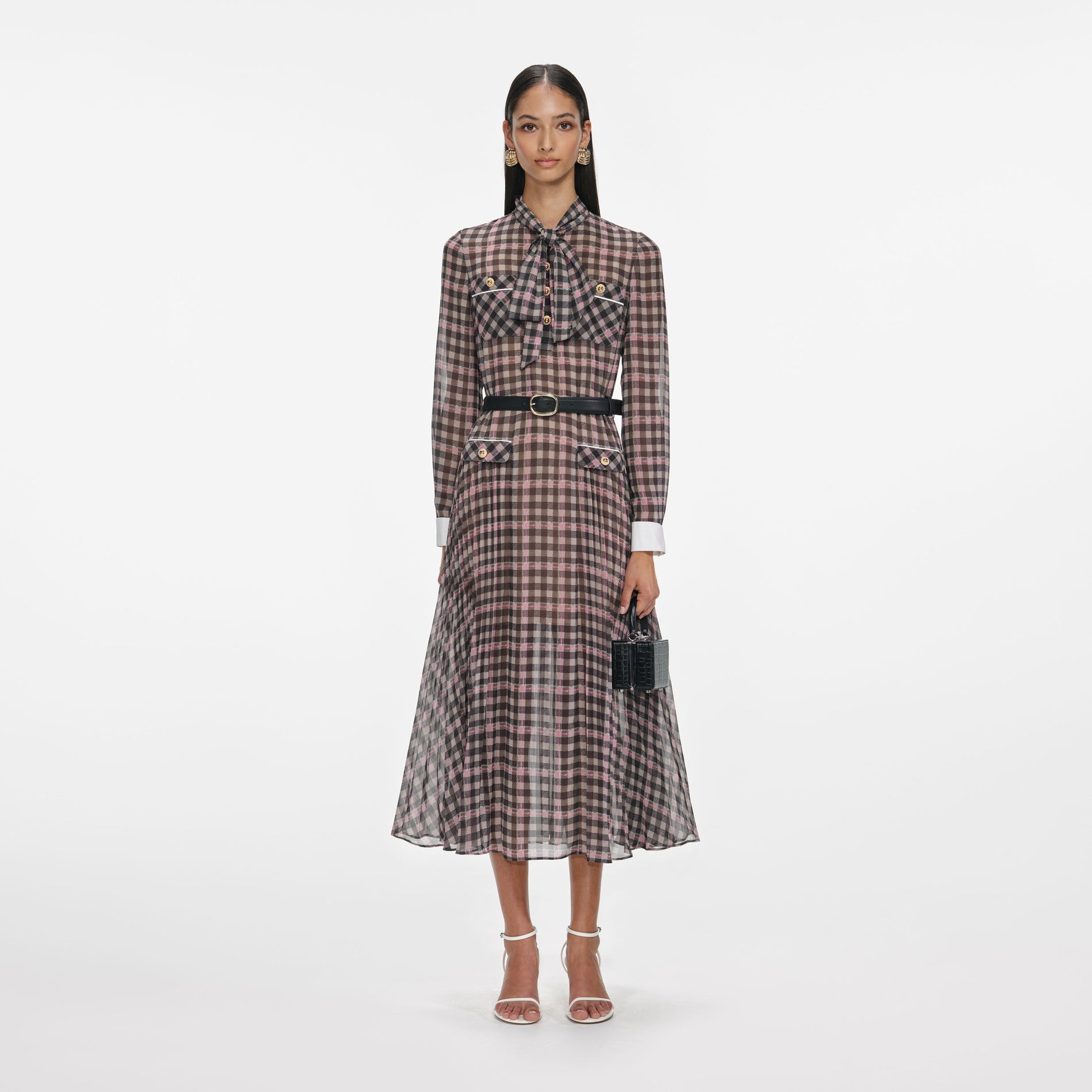 Front view of a woman wearing the Brown Check Chiffon Midi Dress