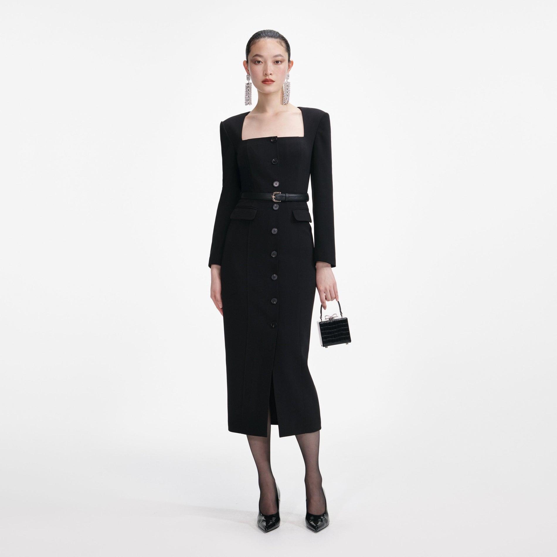 Black Tailored Crepe Midi Dress