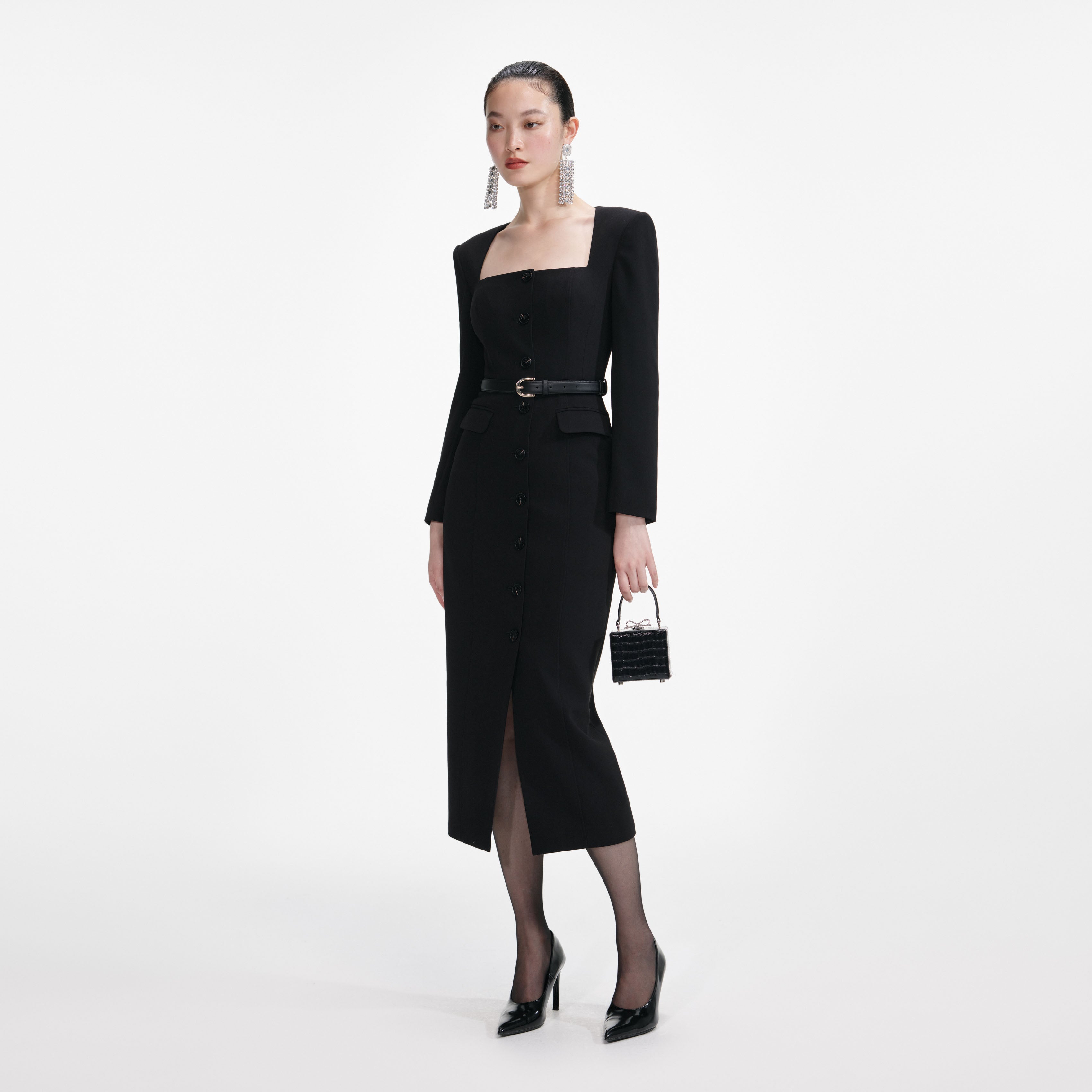 Black Tailored Crepe Midi Dress