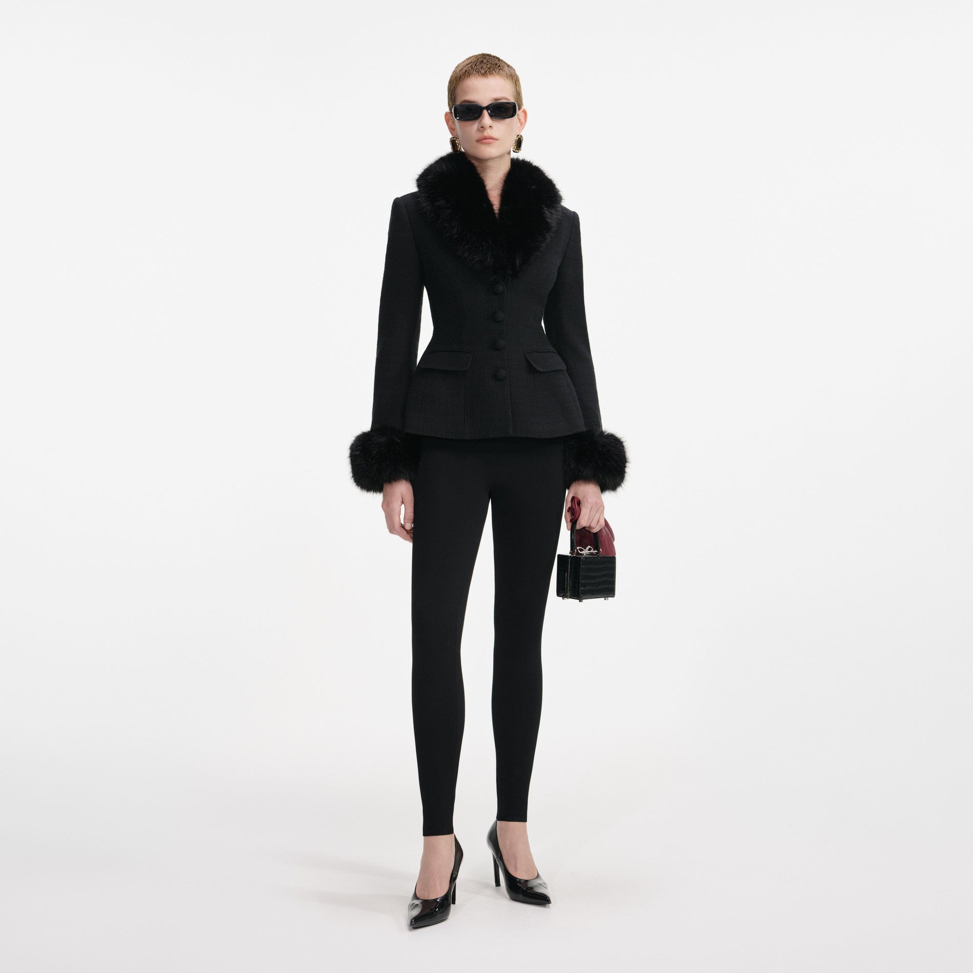 Black Tailored Boucle Fur Jacket