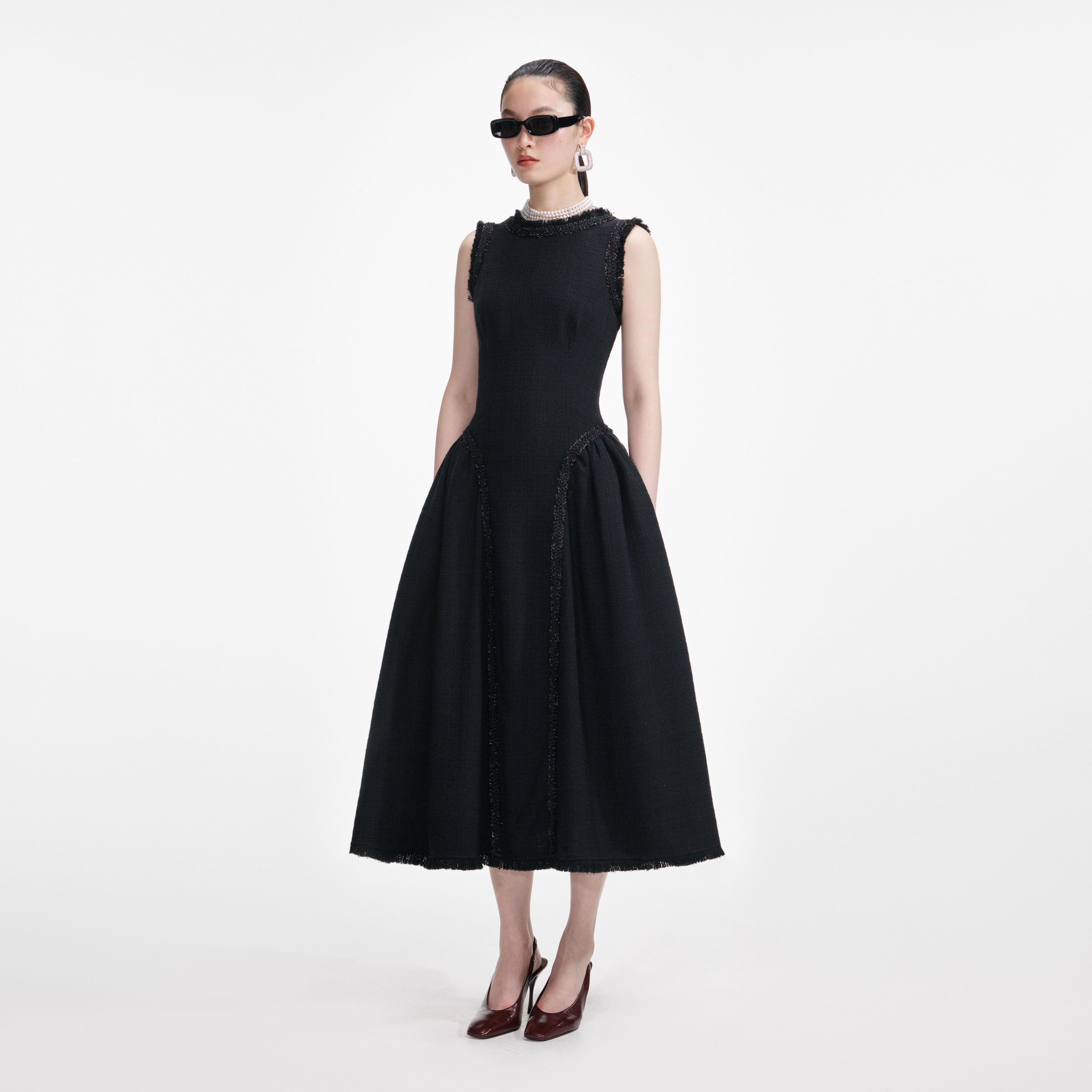 Black Boucle Sleeveless Midi Dress