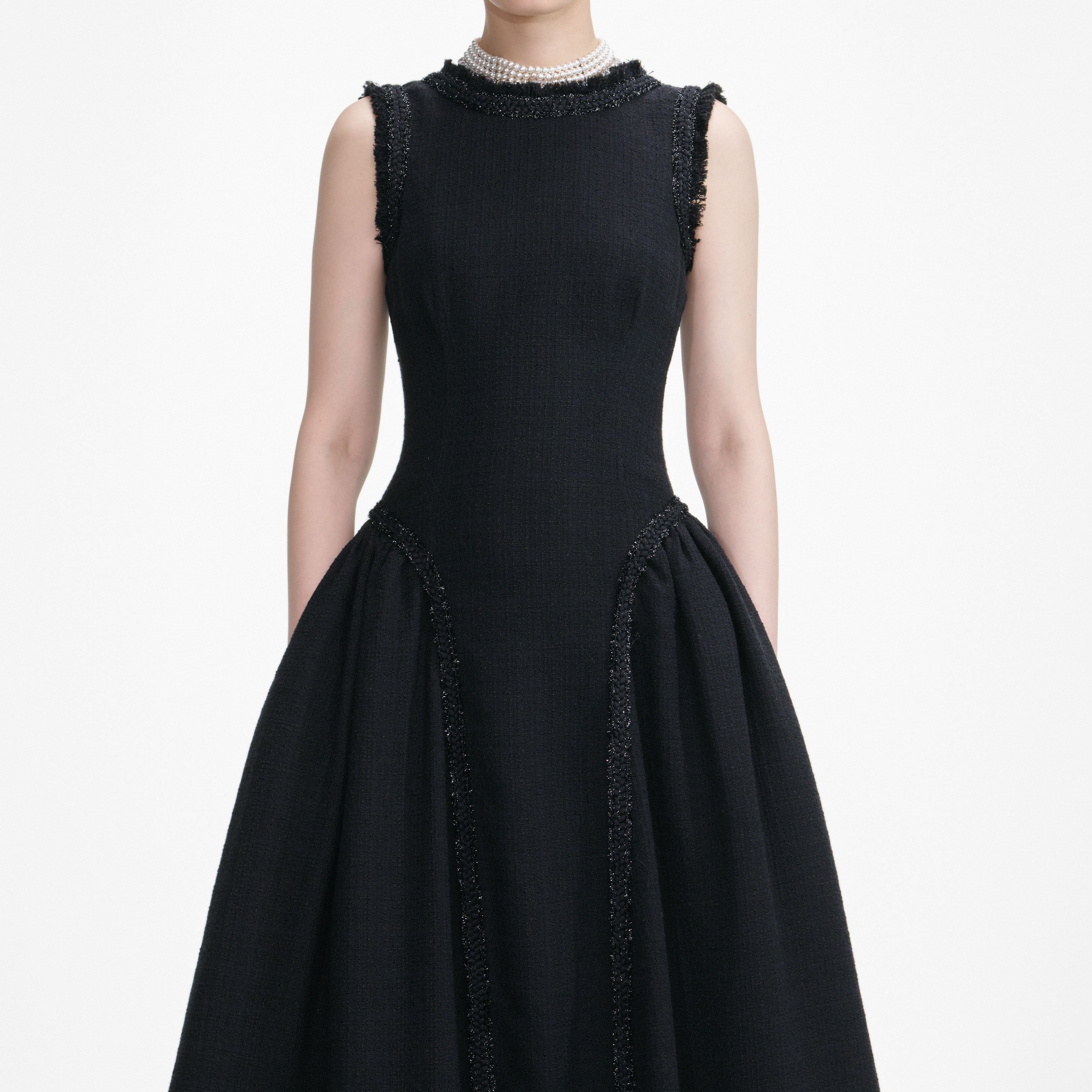 Black Boucle Sleeveless Midi Dress