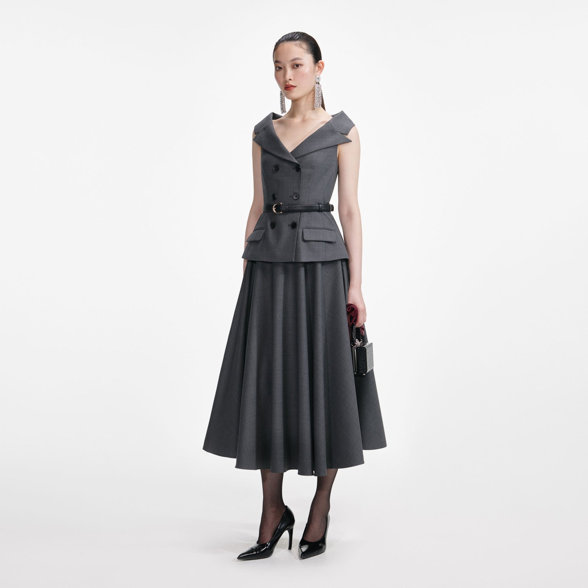 Grey Wool Tailored Midi Dress