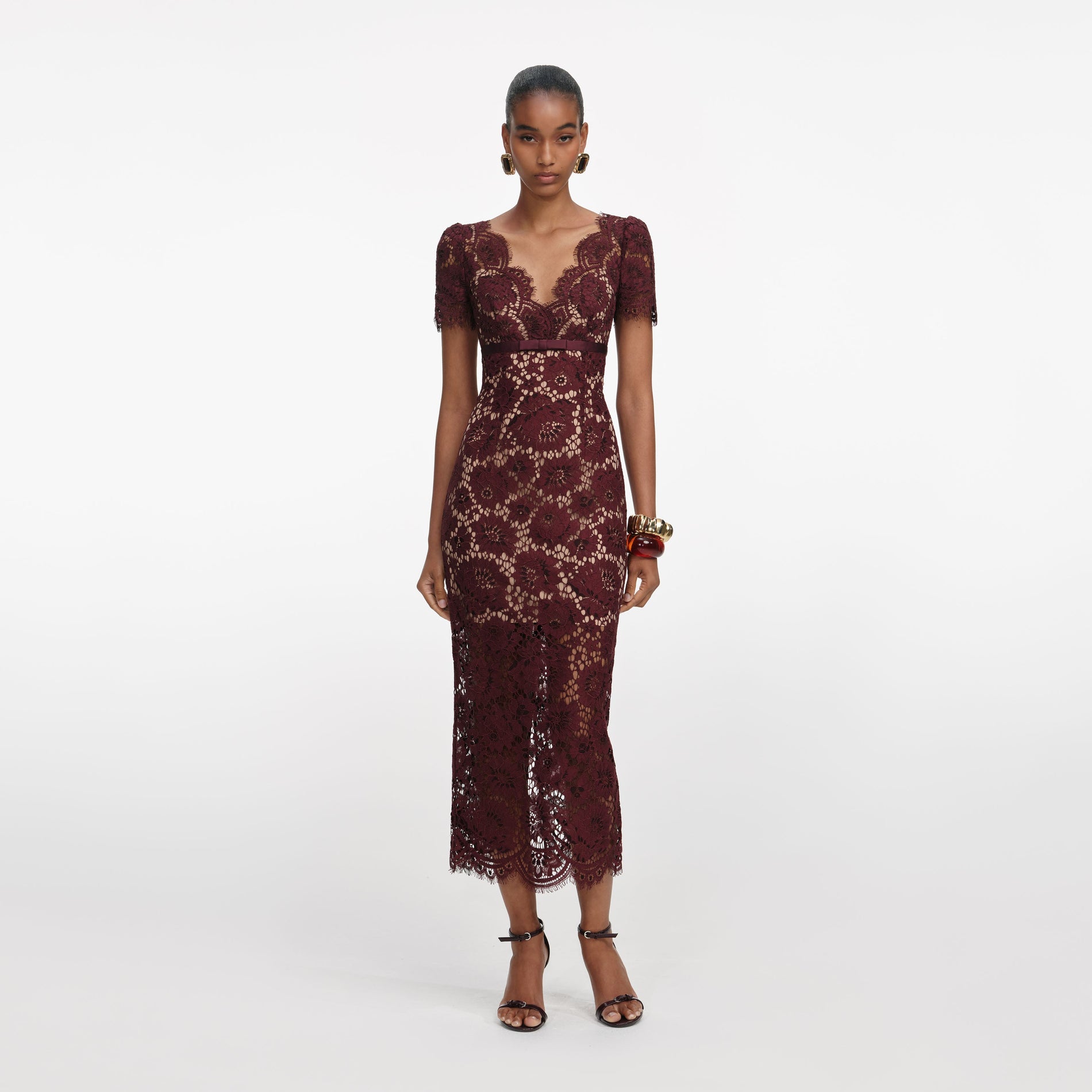 Front view of a woman wearing the Burgundy Floral Lace Midi Dress