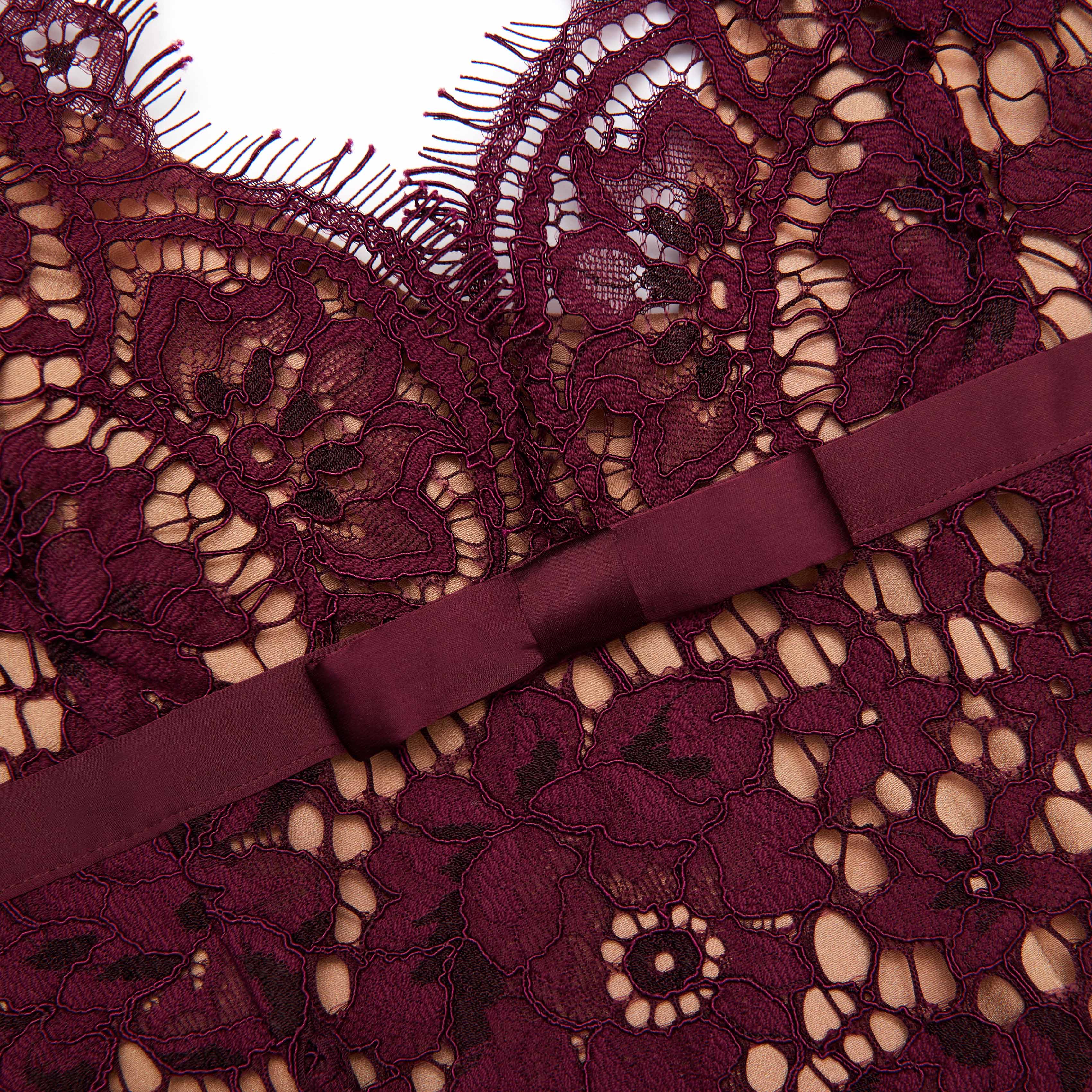 Burgundy Floral Lace Midi Dress
