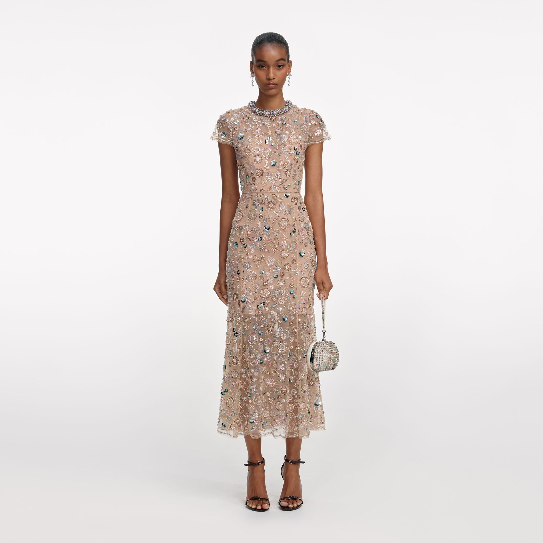 Champagne Sequin Embroidered Midi Dress