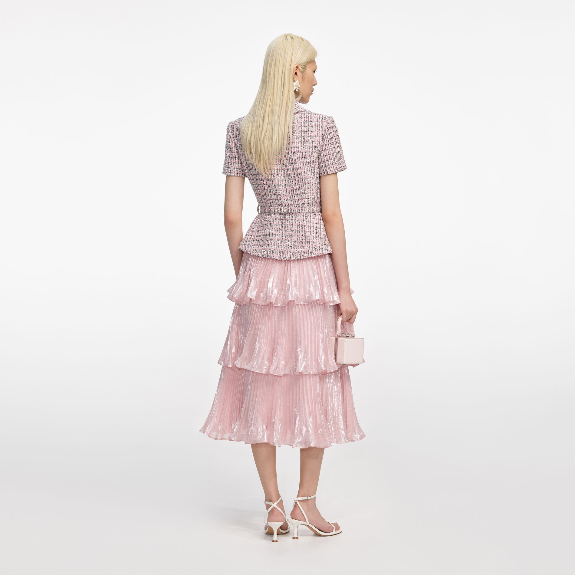 Pink Boucle Metallic Tiered Midi Dress