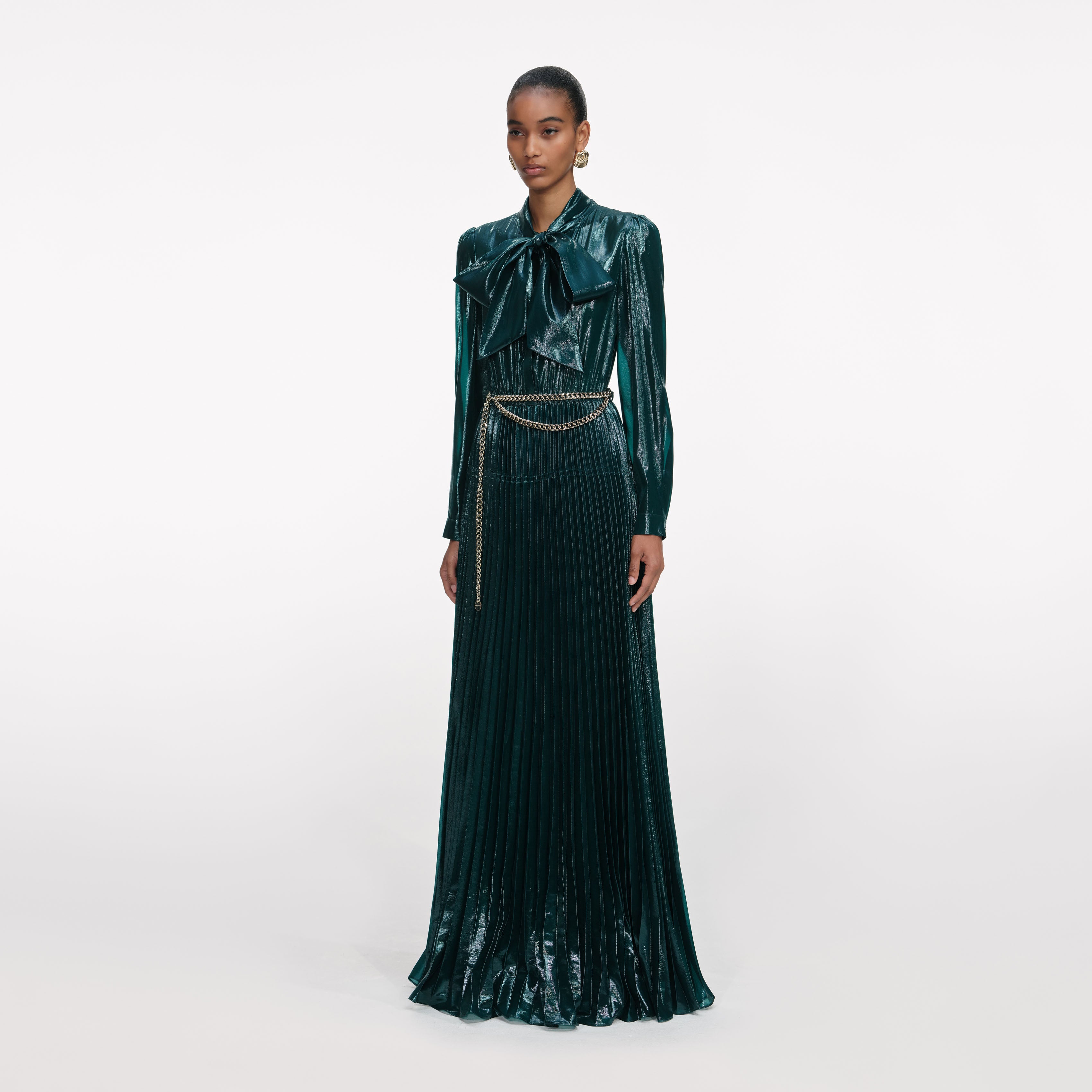 Green Metallic Tie Neck Maxi Dress