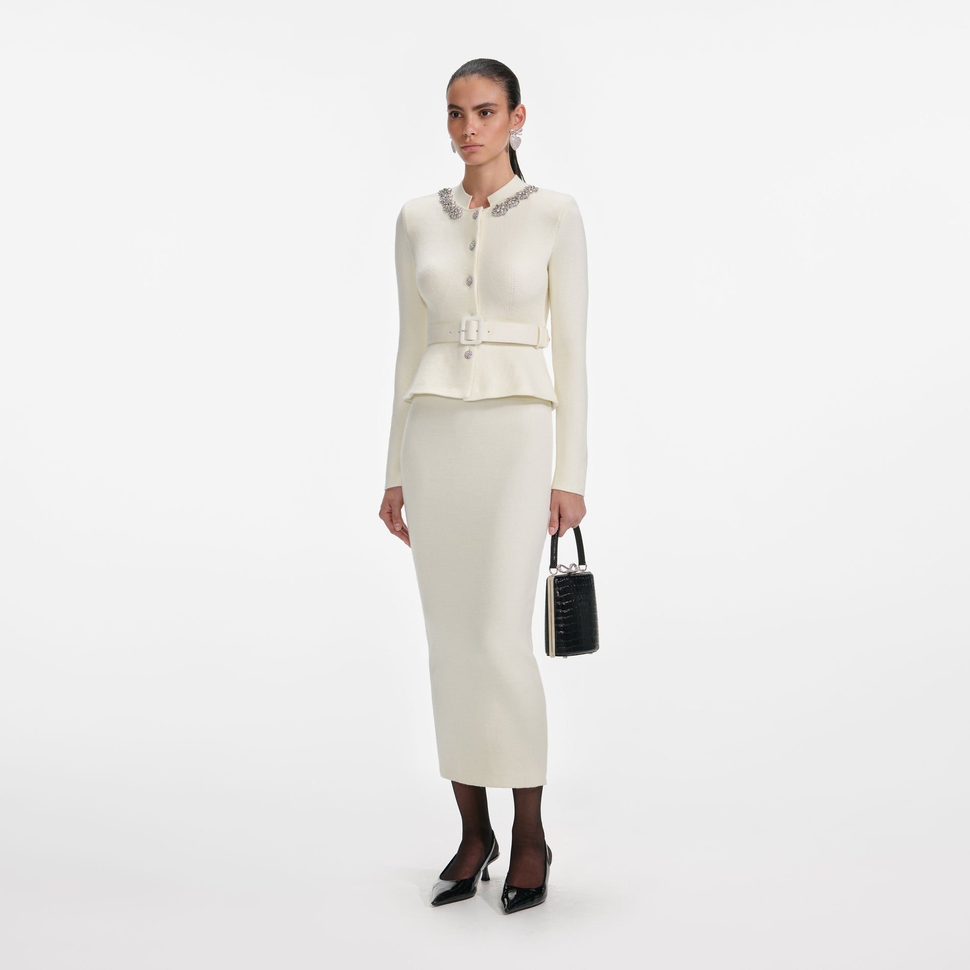 Cream Wool Peplum Knit Midi Dress