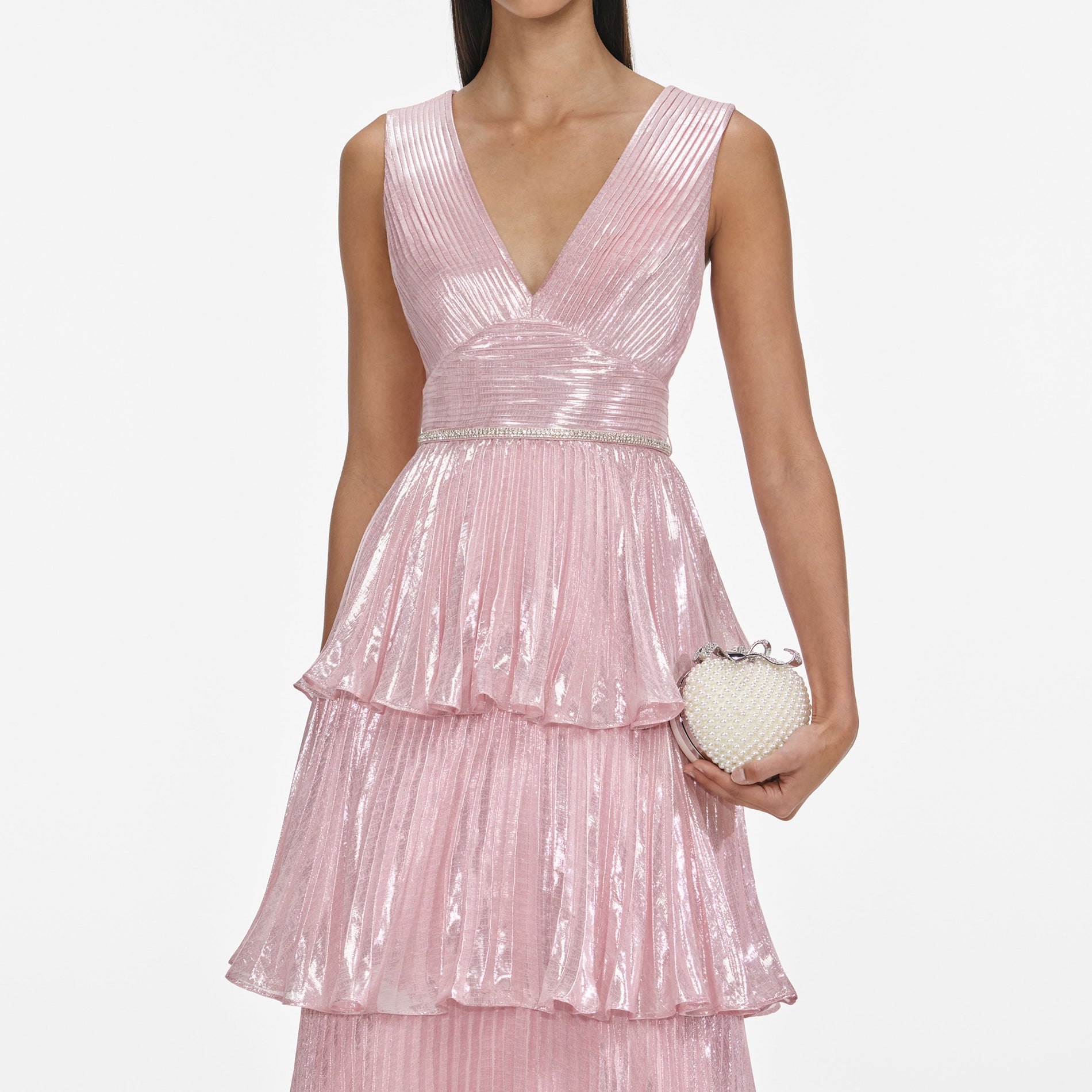 A close up of a woman wearing the Pink Metallic Tiered Midi Dress