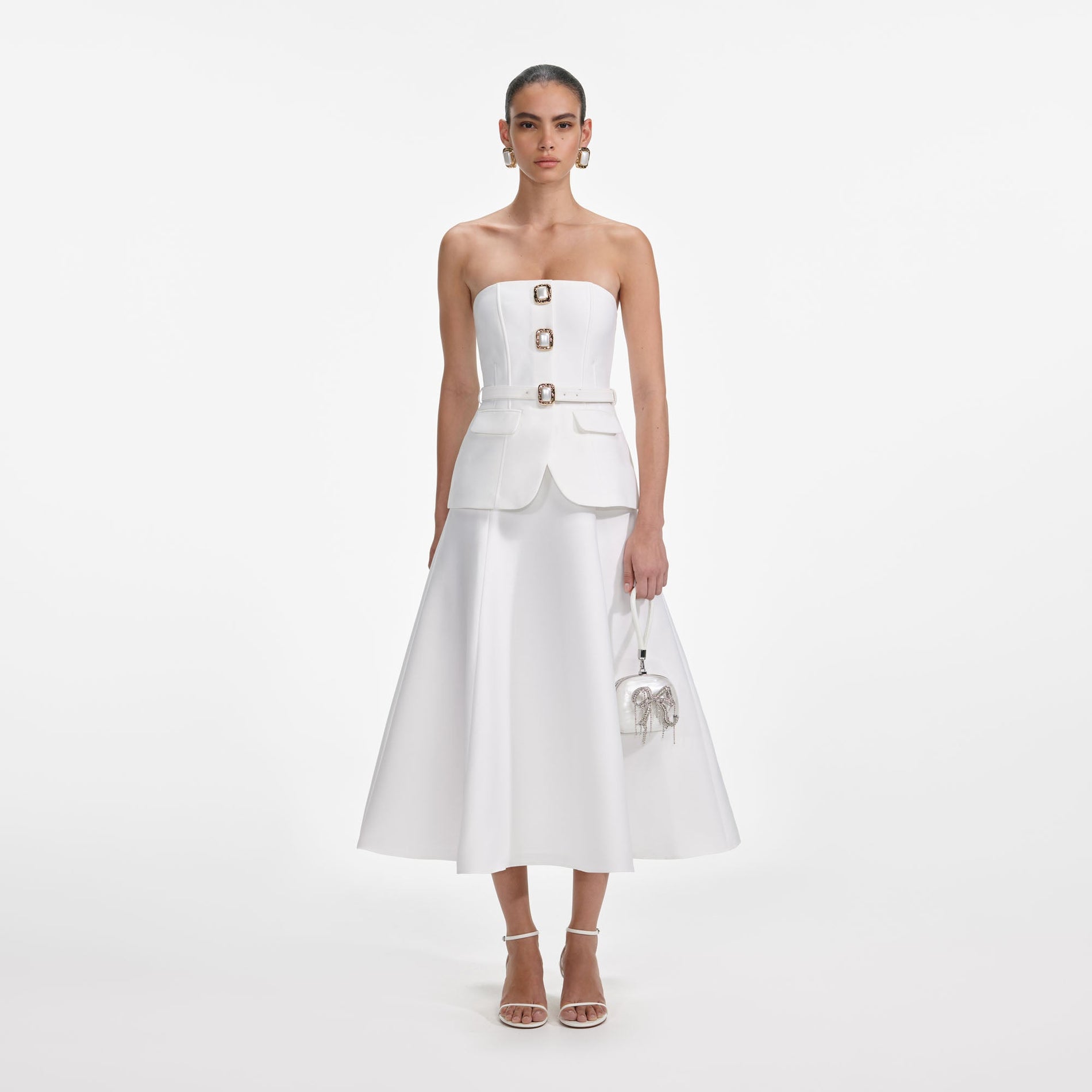 Front view of a woman wearing the White Taffeta Bandeau Midi Dress