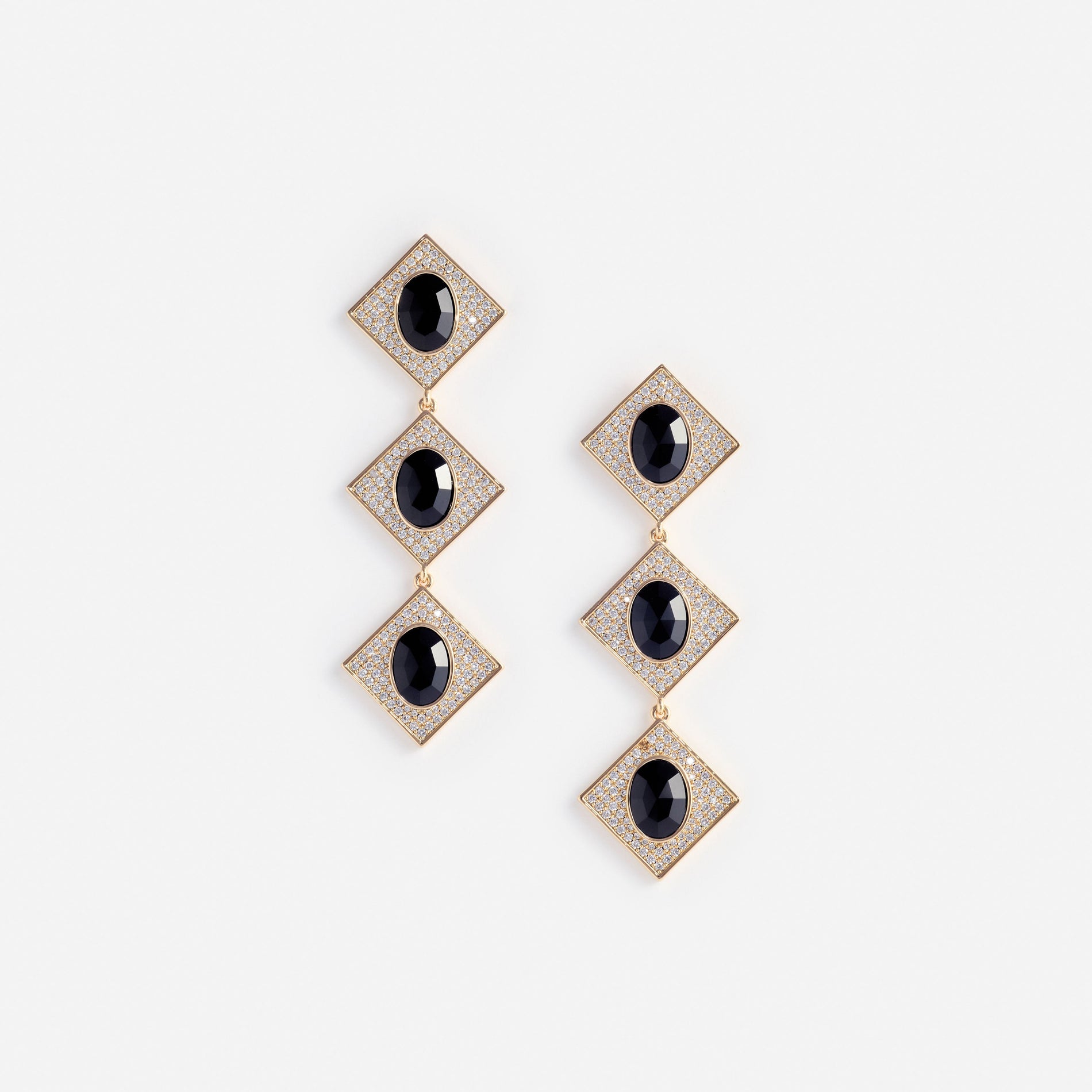 Gold Crystal Black Tiered Earrings