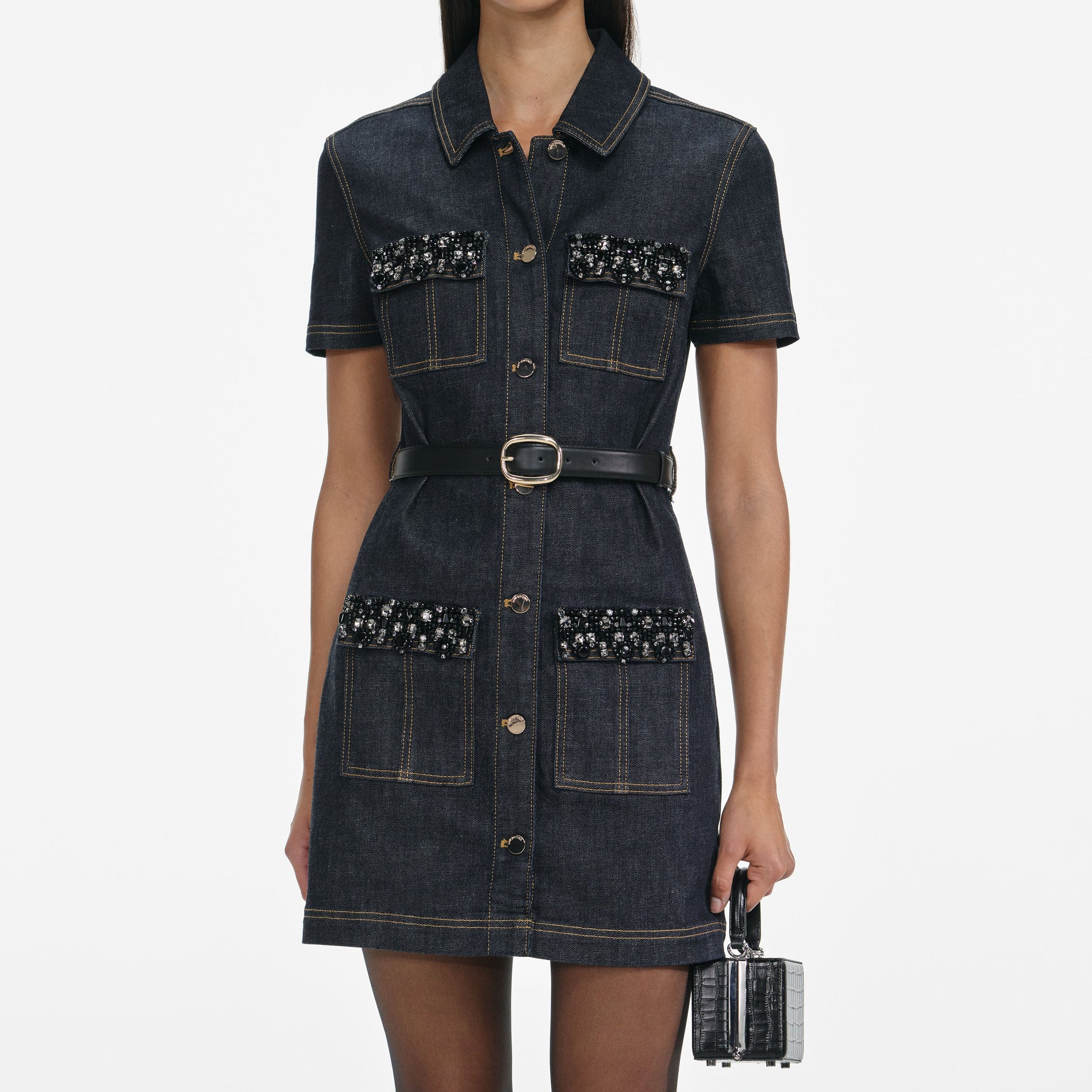 Indigo Denim Crystal Trim Mini Dress