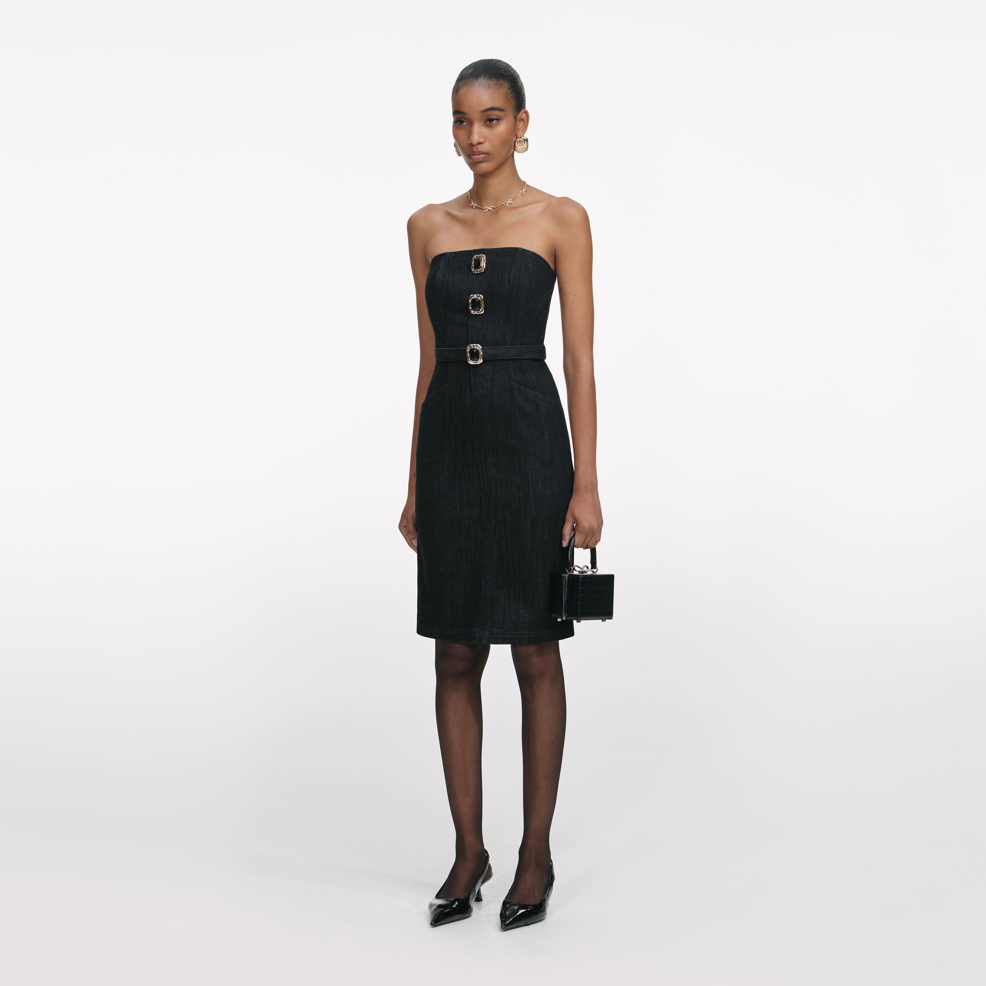 Black Denim Bandeau Midi Dress