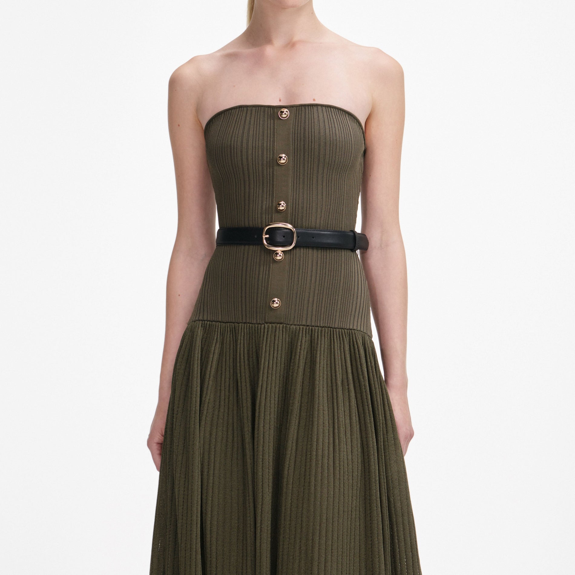 A close up of a woman wearing the Khaki Bandeau Knit Midi Dress