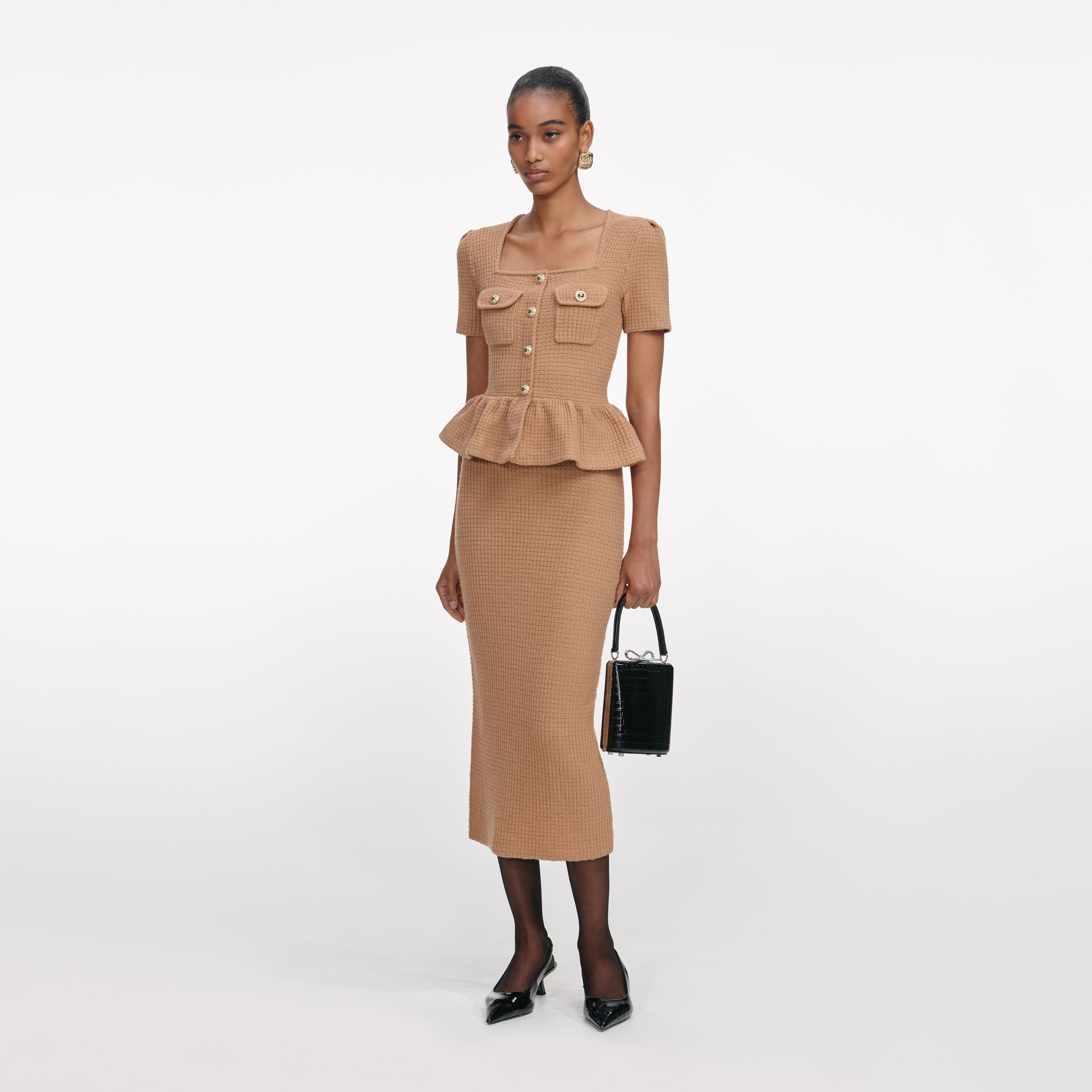 Camel Peplum Knit Midi Dress