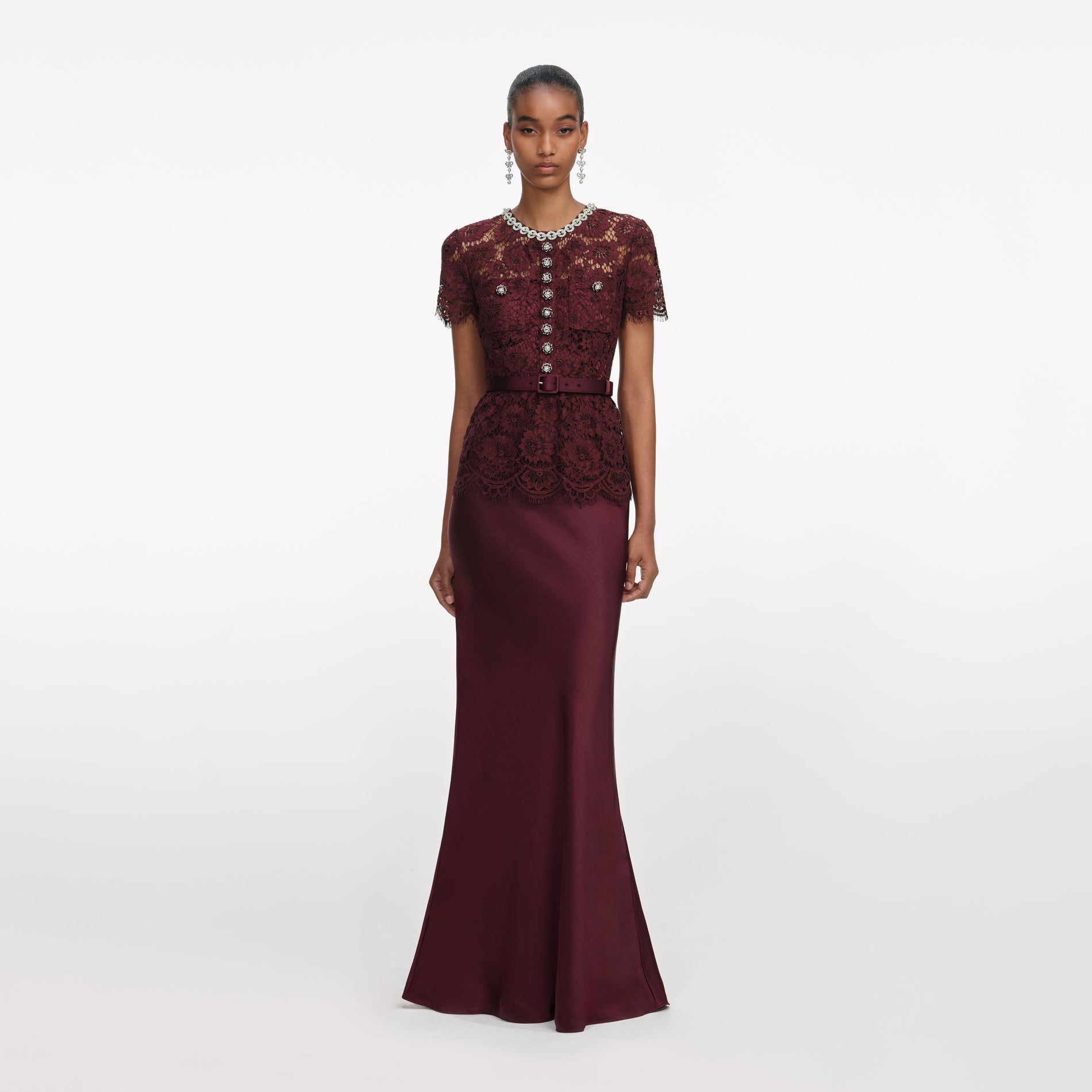 Front view of a woman wearing the Bordeaux Lace Satin Maxi Dress