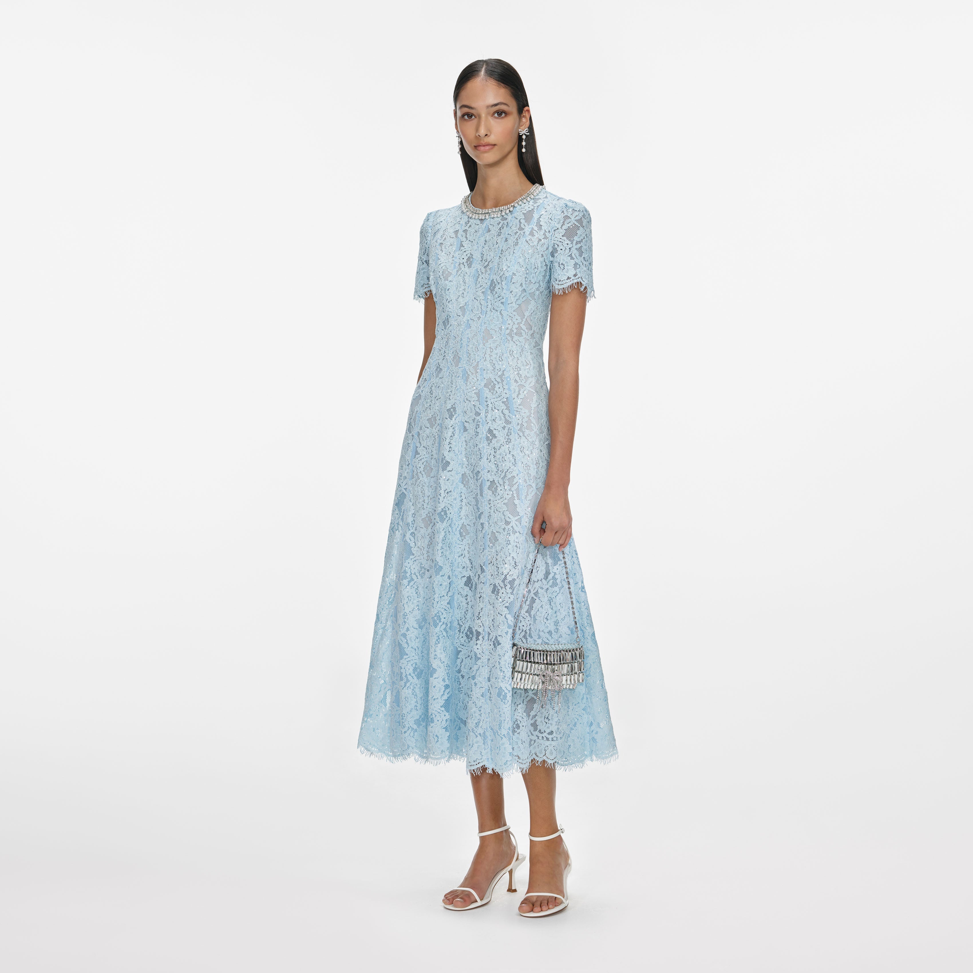 Blue Lace Embellished Midi Dress