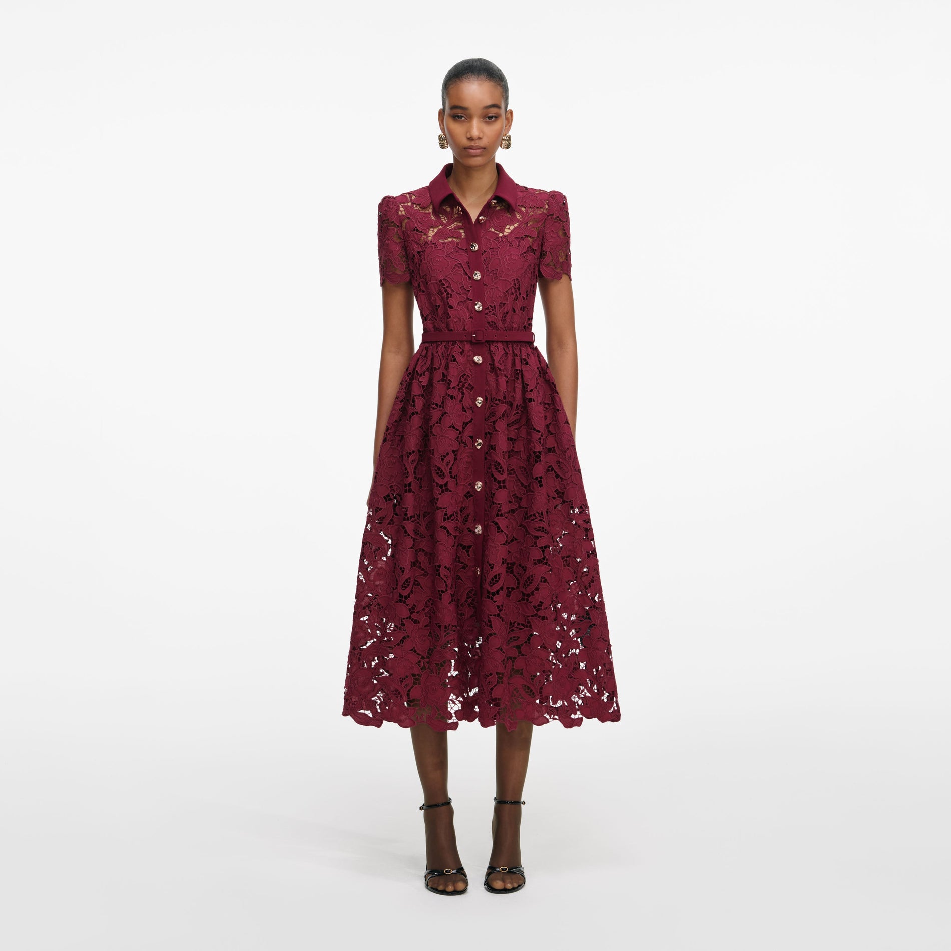 Front view of a woman wearing the Burgundy Lace Collared Midi Dress