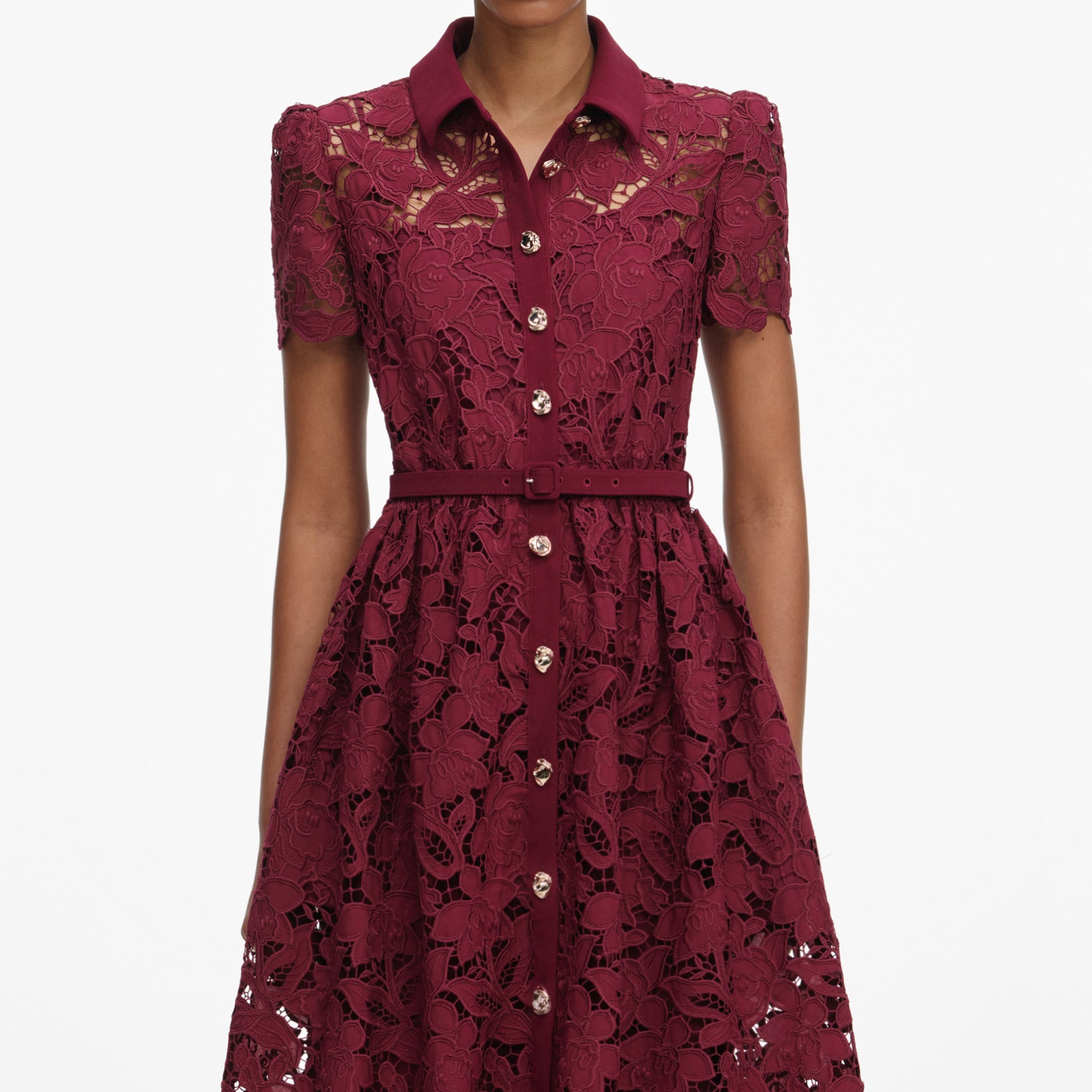 A close up of a woman wearing the Burgundy Lace Collared Midi Dress