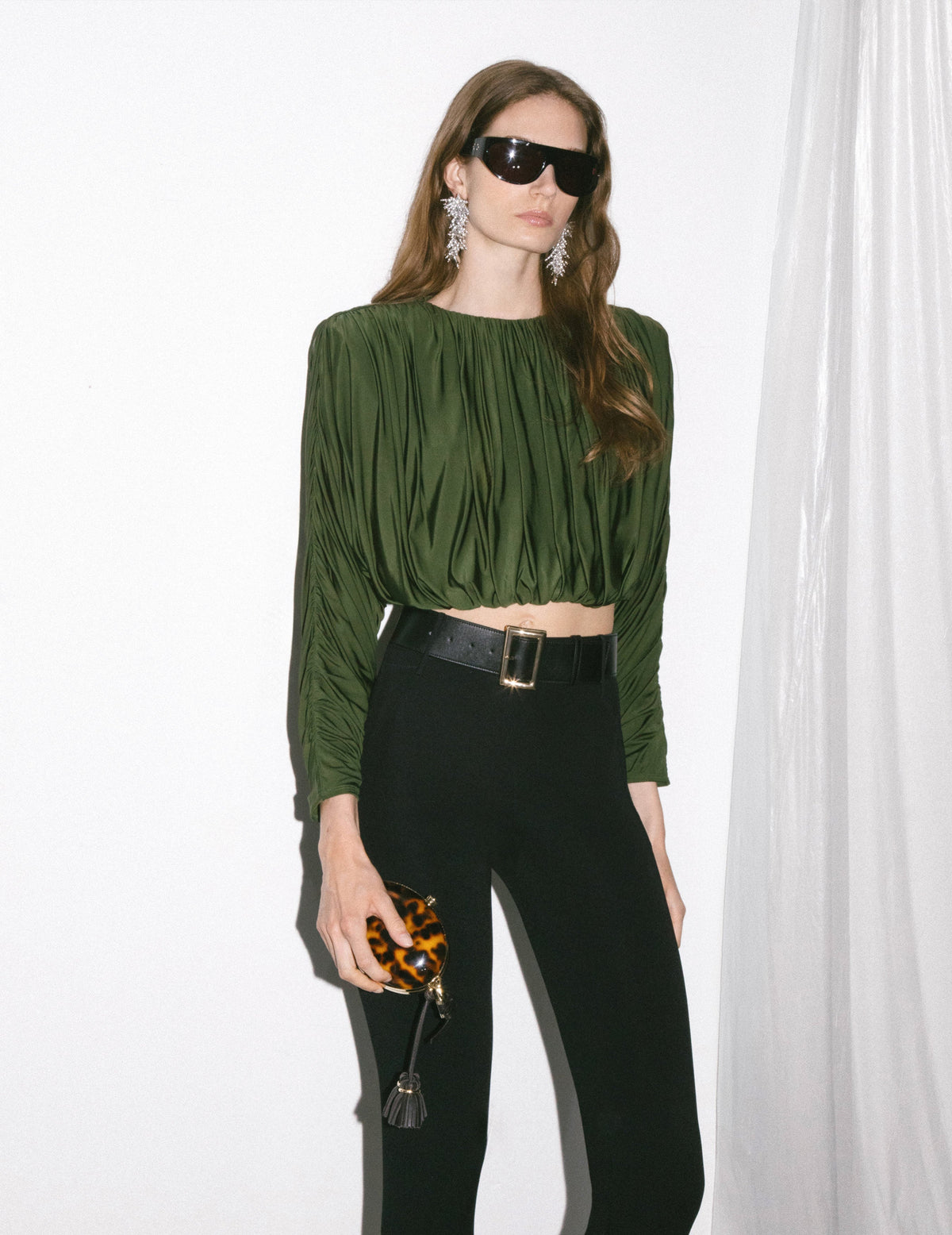 Olive Jersey Gathered Top