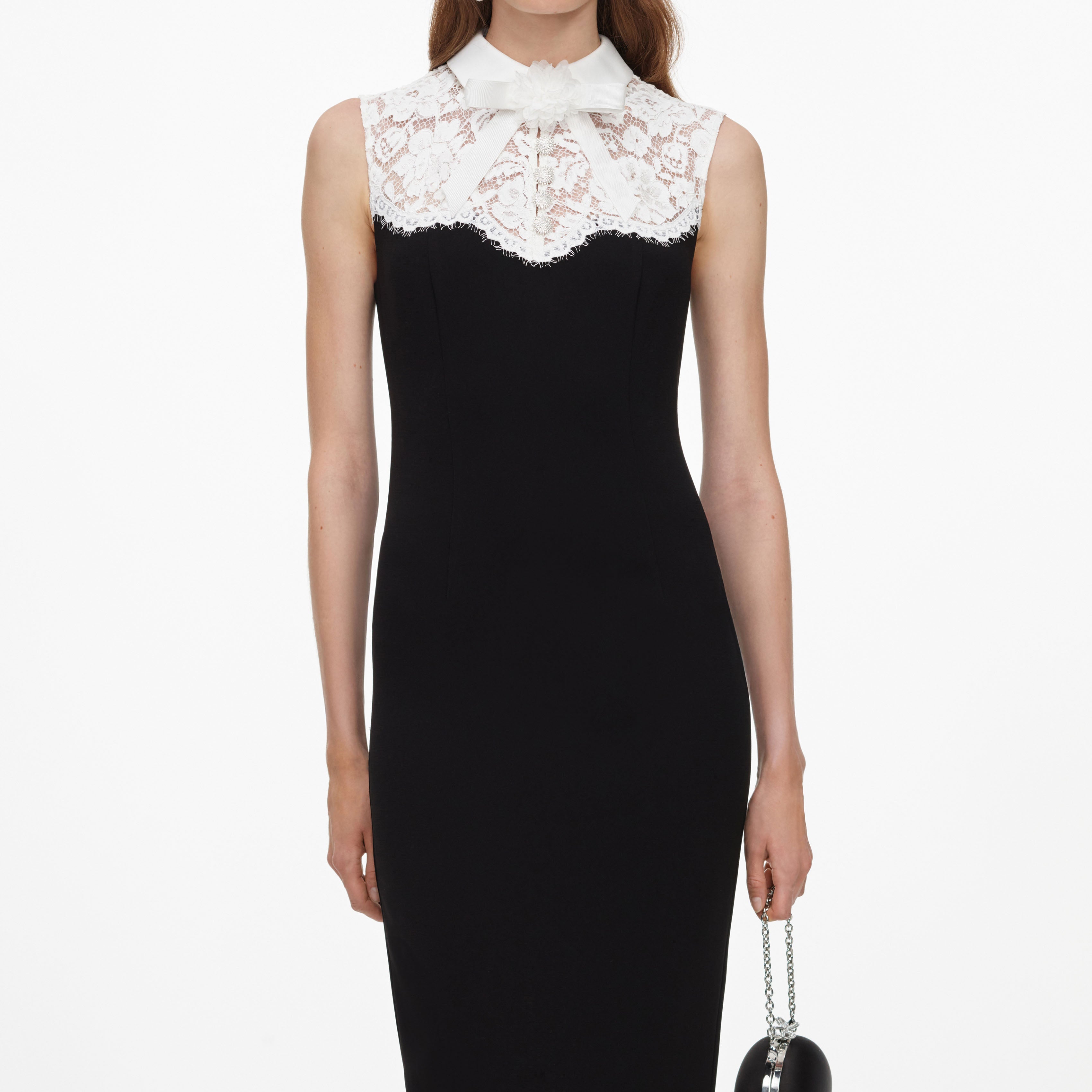 Black Contrast Lace Bodice Midi Dress